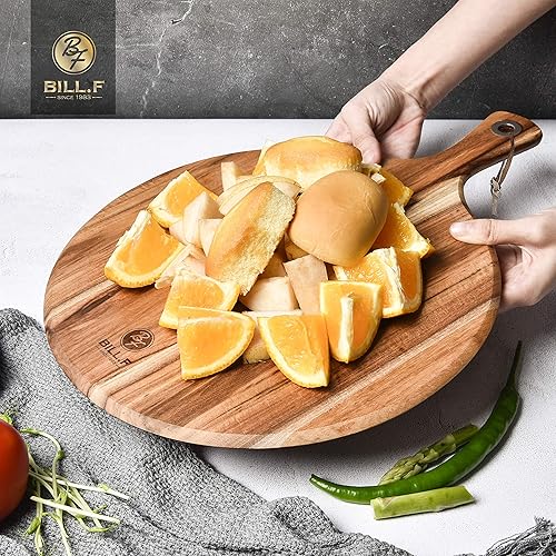 Miniatura 6 de BILLF - Pizza de madera de acacia tabla de cortar de 12 pulgadas tabla de remo de queso plato de pan y galletas para servir y preparar alimentos