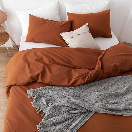 Miniatura 4 de ECOCOTT Juego de funda de edredón color marrón, tamaño California King, 100% algodón lavado, duradero, suave y cómodo, funda de edredón de 3 piezas