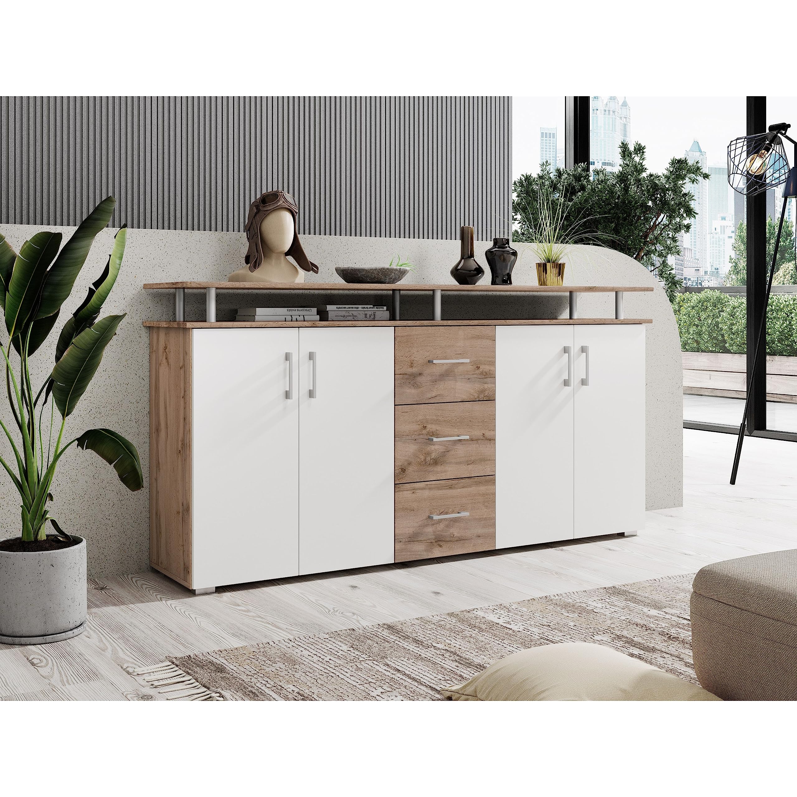 LIFT Highboard mit Ablage in Wildeiche Optik, Weiß - Moderner Wohnzimmerschrank mit Schubladen und viel Stauraum für Ihren Wohnbereich - 178 x 90 x 38 cm (B/H/T)