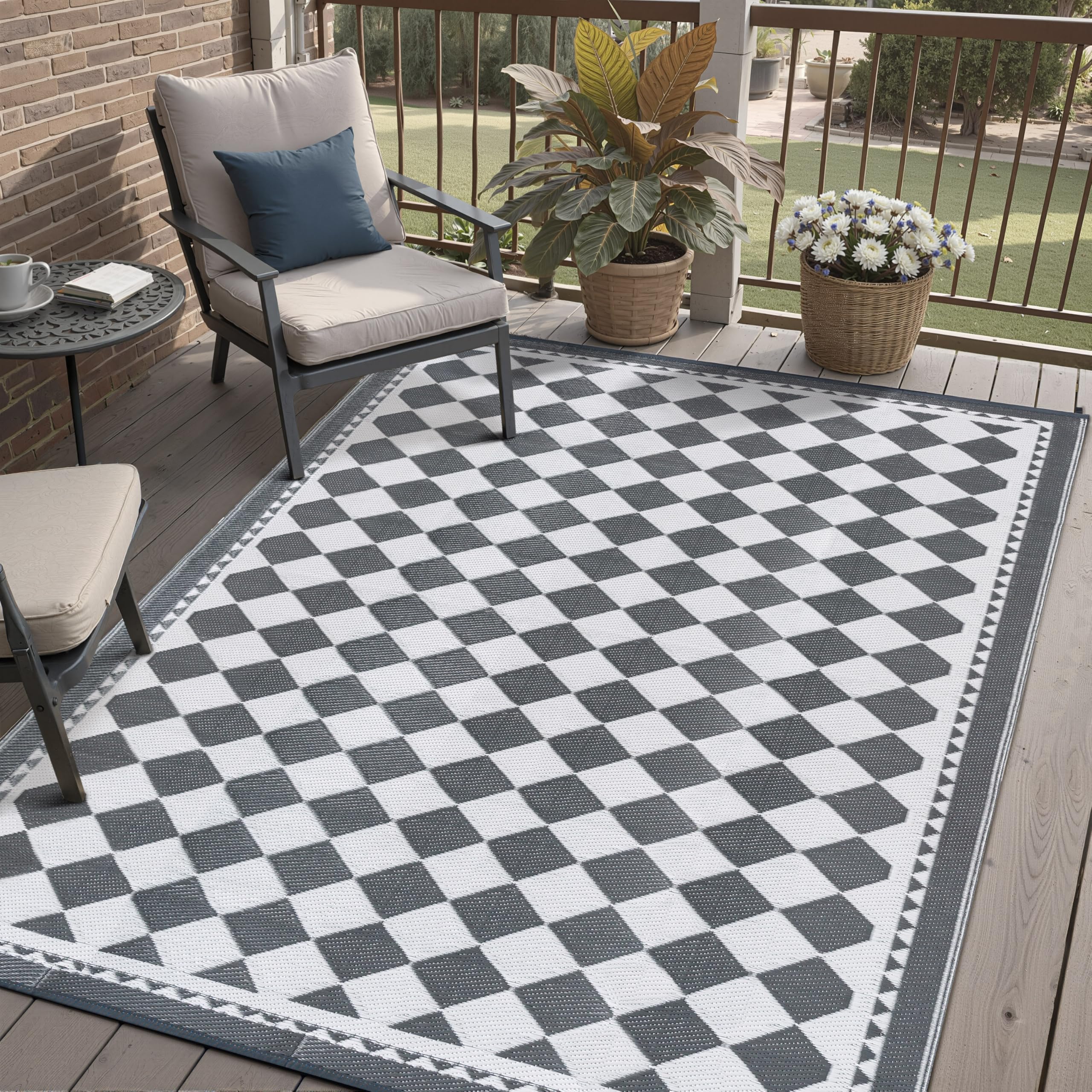 PureCozy Outdoor Teppich Wetterfest,Wendbarer Balkon Camping Teppiche 120x180cm, Leichtgewicht Outdoorteppich Carpet rutschfest für Garten Balkon Camping Terrassen, Grau - 1