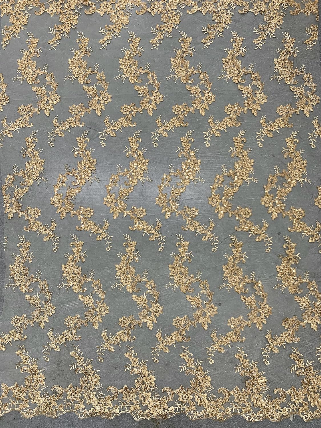 Cristina Gold Polyester Floral Embroidery with Sequins on Mesh Lace Fabric by The Yard for Gown, Wedding, Bridesmaid, Prom - 10076