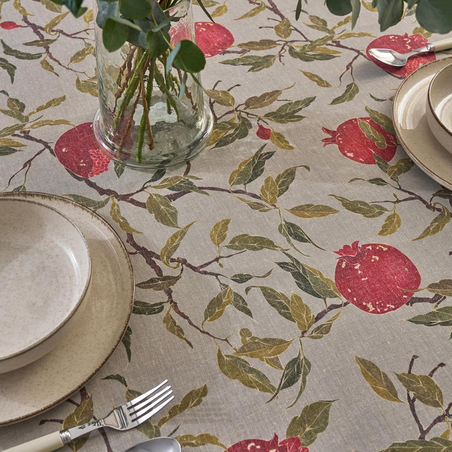 Pomegranate Tablecloth – Linen-Blend Rectangular 55” x 87” – Waterproof Table Cloth for Kitchen & Dining Room – Farmhouse Chic, French Country, & Holiday Decor – Botanical Fruit-Inspired Design