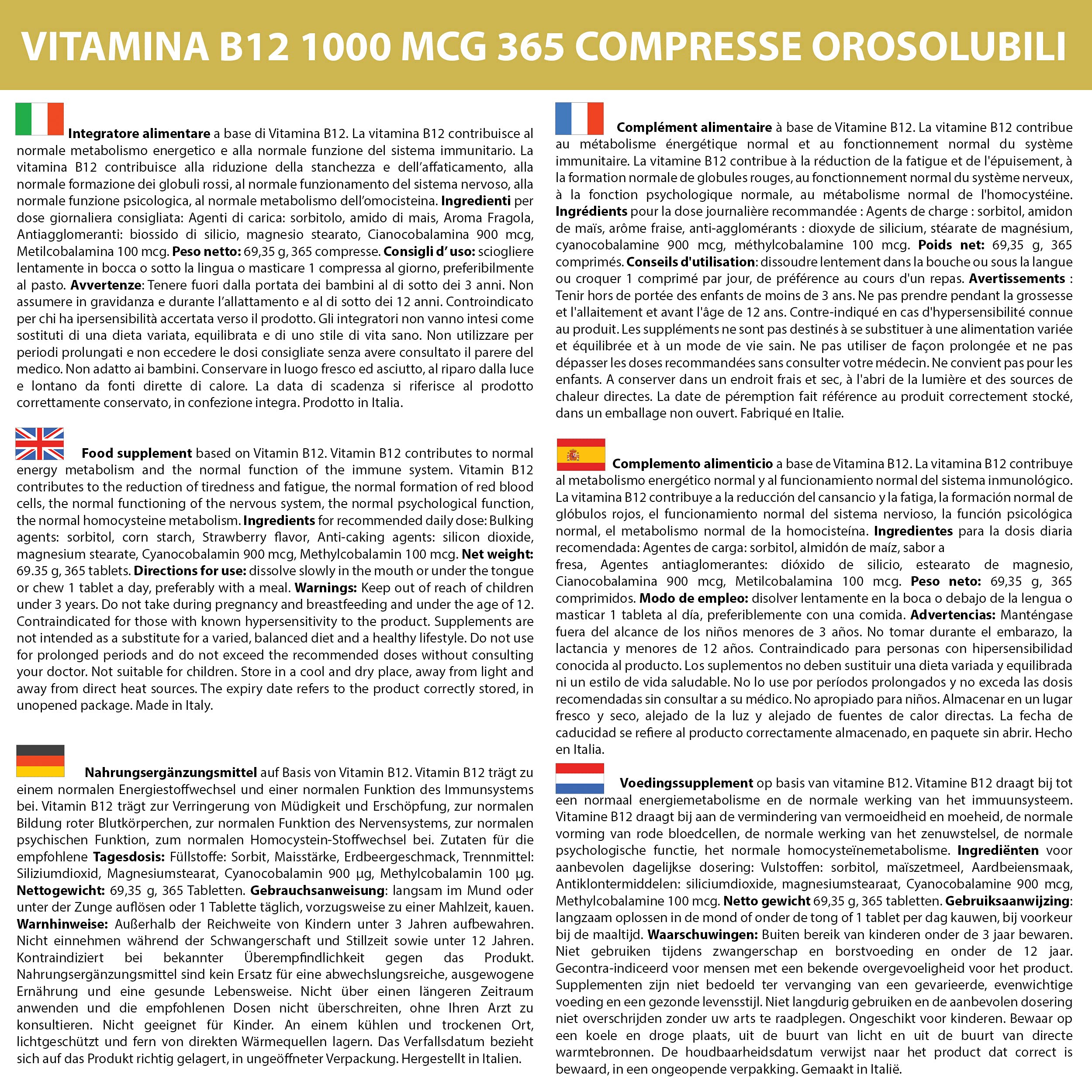 Vitamina B12 Masticabile 1000 mcg 365 Compresse Orosolubili 1 al dì | Senza Glutine e Lattosio | non di origine animale | Cianocobalamina Metilcobalamina | Energia | Sistema Immunitario