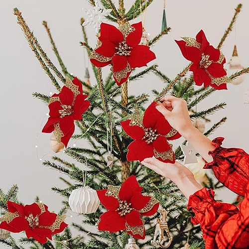 Miniatura 6 de Flores de Pascua artificiales con purpurina y clips de bricolaje para decoración, adornos y coronas de Navidad para decorar árboles de Navidad y
