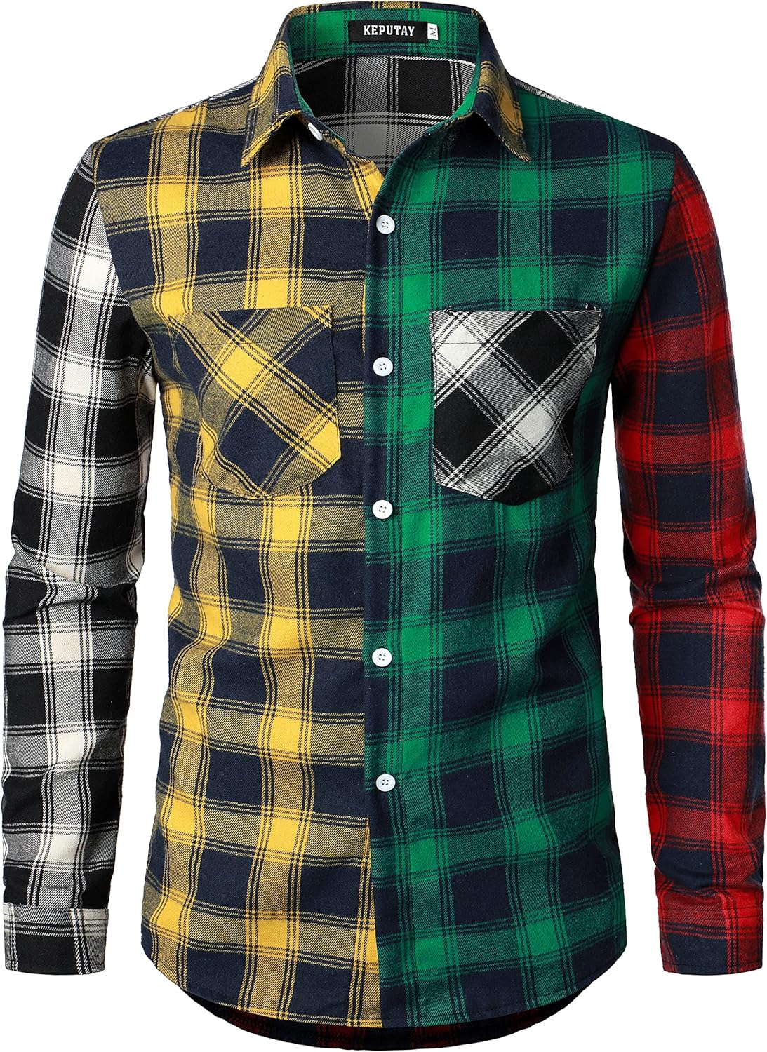 Men Women Color Block Plaid Shirt Patchwork Plaid Shirts Button Down Long Sleeve Casual Shirts