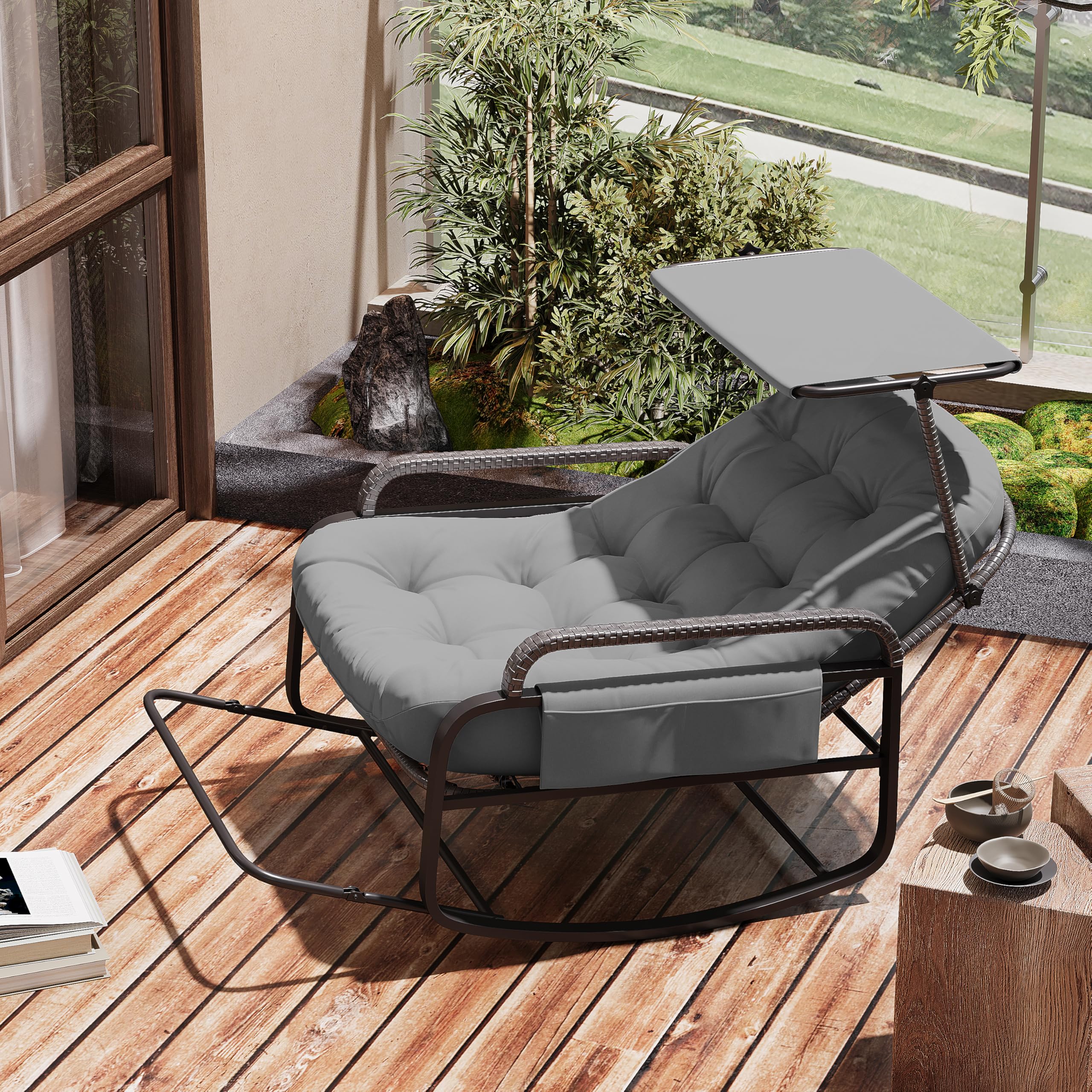 Sillón mecedora exterior interior, silla de salón de ratán PE con cojín acolchado y toldos, mecedora para dormitorio, salón, jardín, terraza (gris)