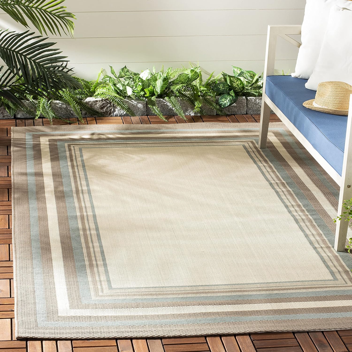 SAFAVIEH Courtyard Collection 2'7" x 5' Beige / Dark Beige CY7896 Indoor/ Outdoor Waterproof Easy Cleaning Patio Backyard Mudroom Area Rug