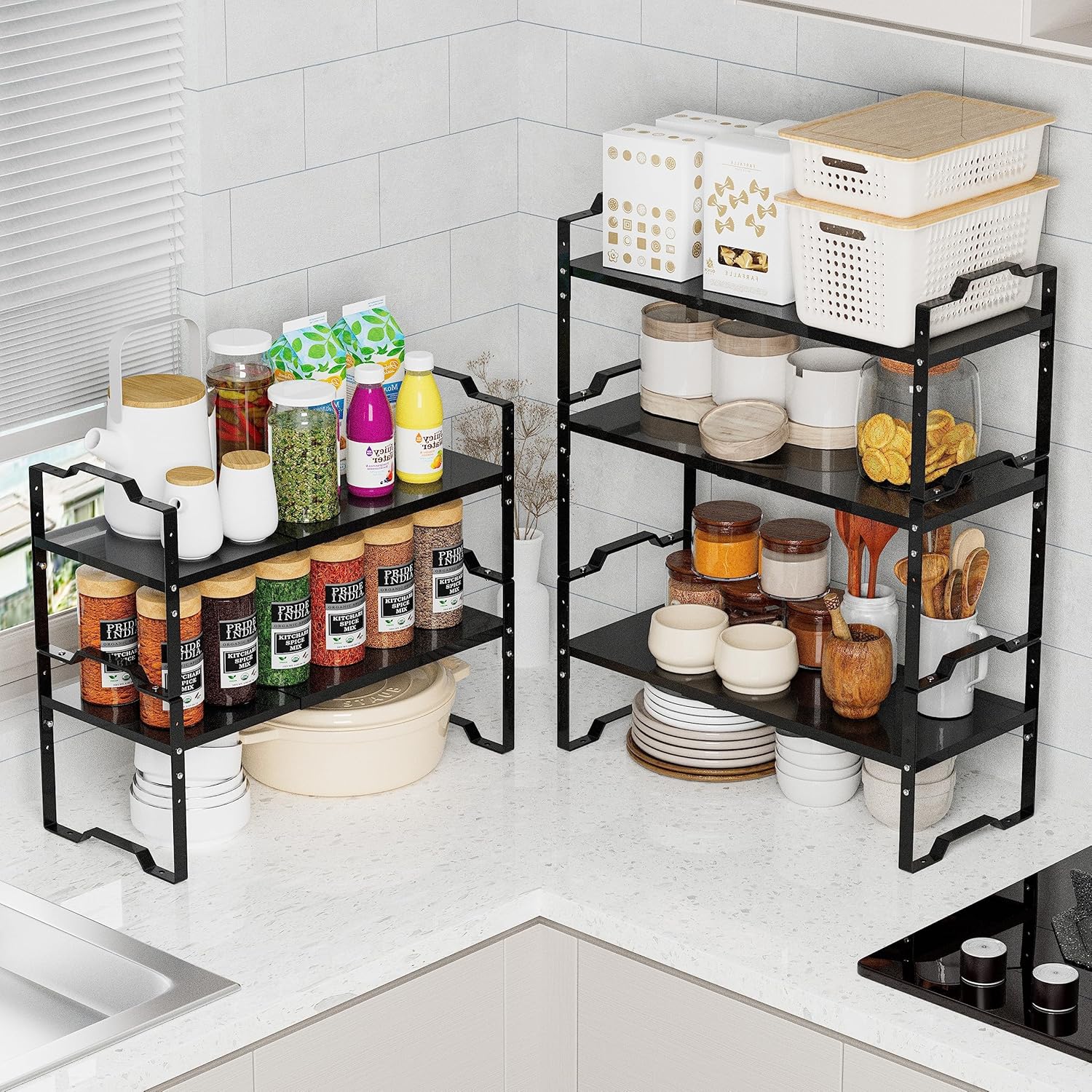 Expandable Shelf for Cabinet Organizer Adjustable Stackable Spice Rack at Kitchen and Bathroom More, Counter Countertop Cupboard Organization Pantry Storage(LARGE/1PACK/BLACK)