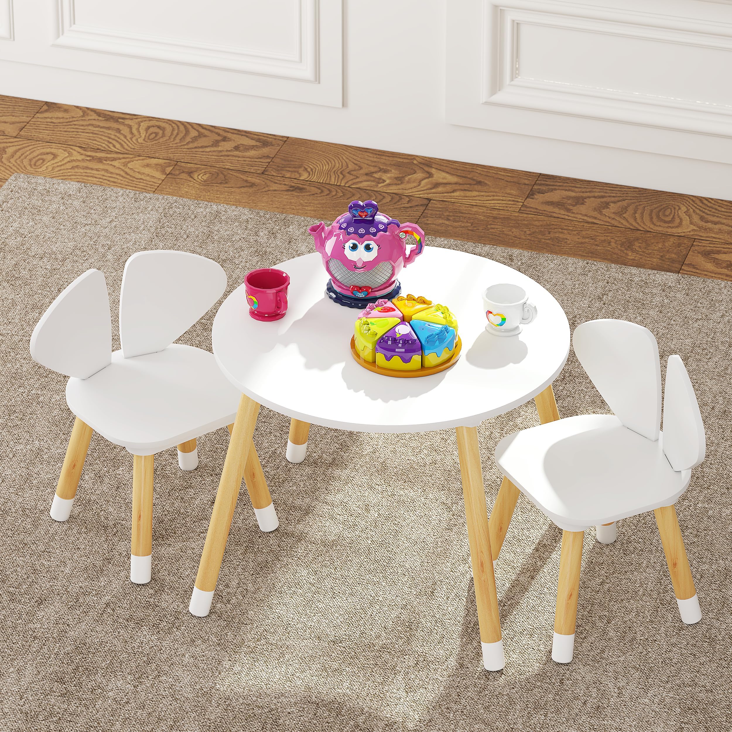 UTEXKids Table and Chair Set, Toddler Table with Elephant Ear Chairs, 3 Pieces Kids Round Table for Toddlers, Girls, Boys,White