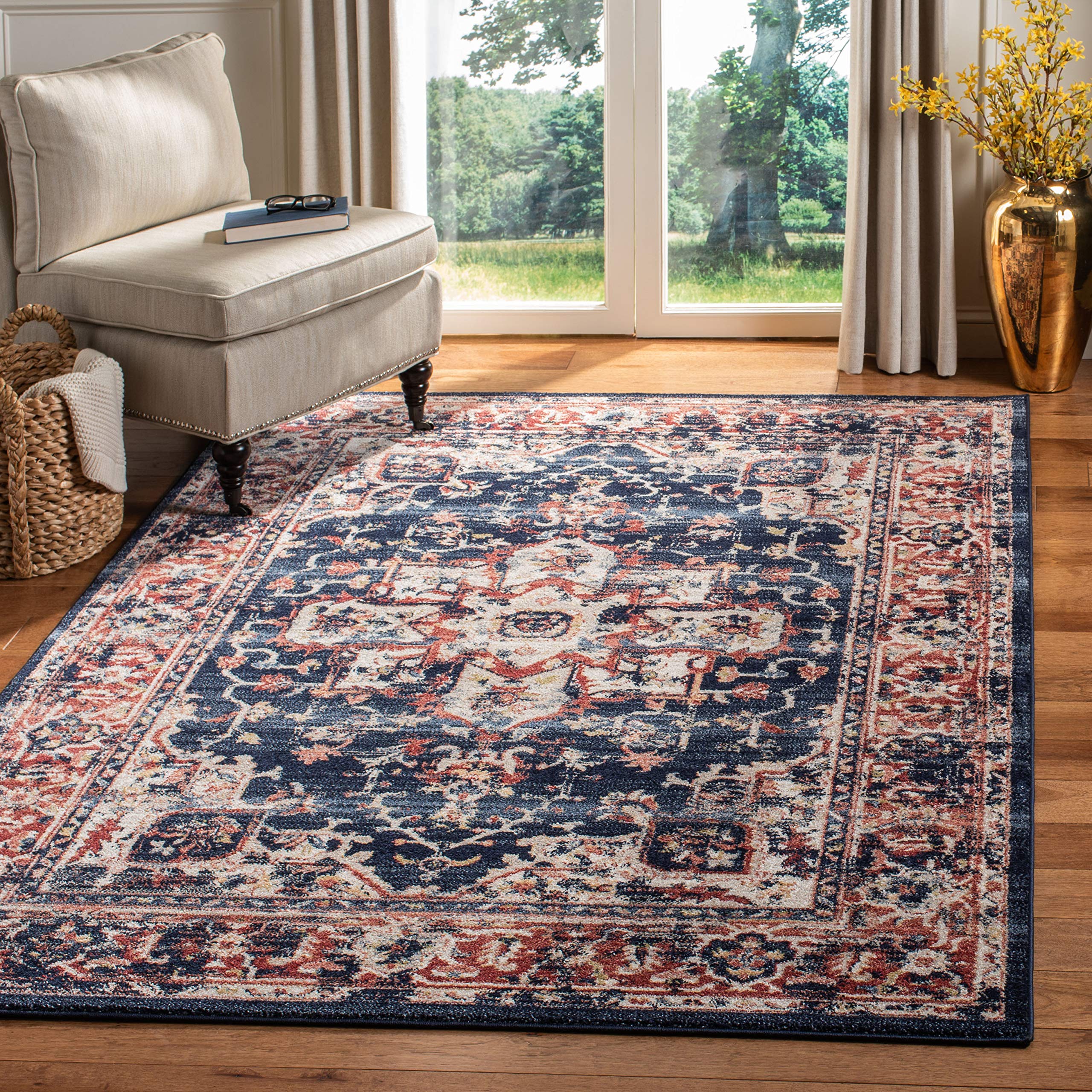 SAFAVIEH Charleston Collection Area Rug - 5'3" x 7'6", Navy & Red, Oriental Distressed Design, Non-Shedding & Easy Care, Ideal for High Traffic Areas