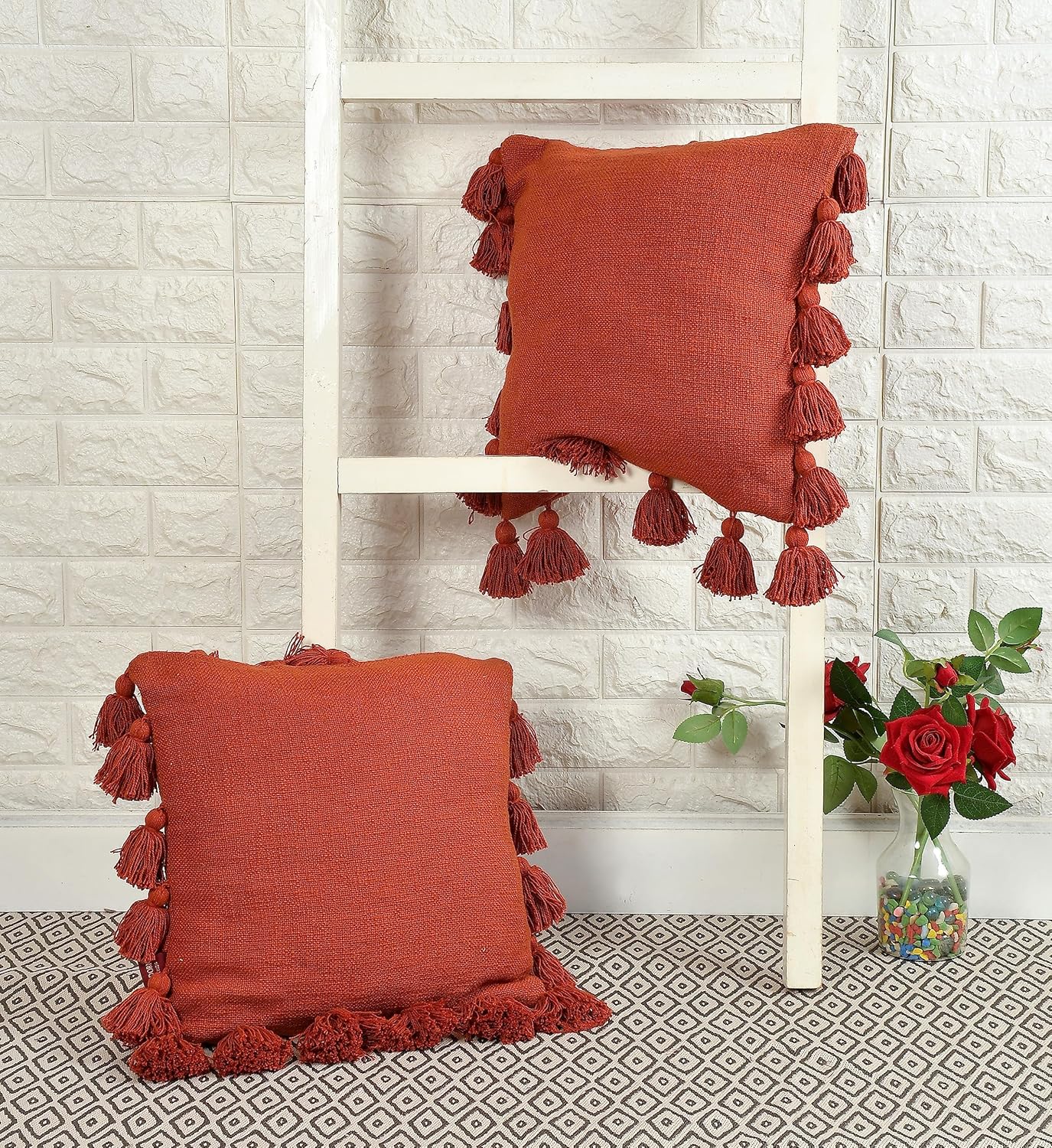 Luxury Cotton Handmade Decorative Boho Throw Pillow Covers with Tassels 16''X16'' for Decorative Sofa Couch Living Room Indoor Outdoor Chair Car Farmhouse (Rust, 1)