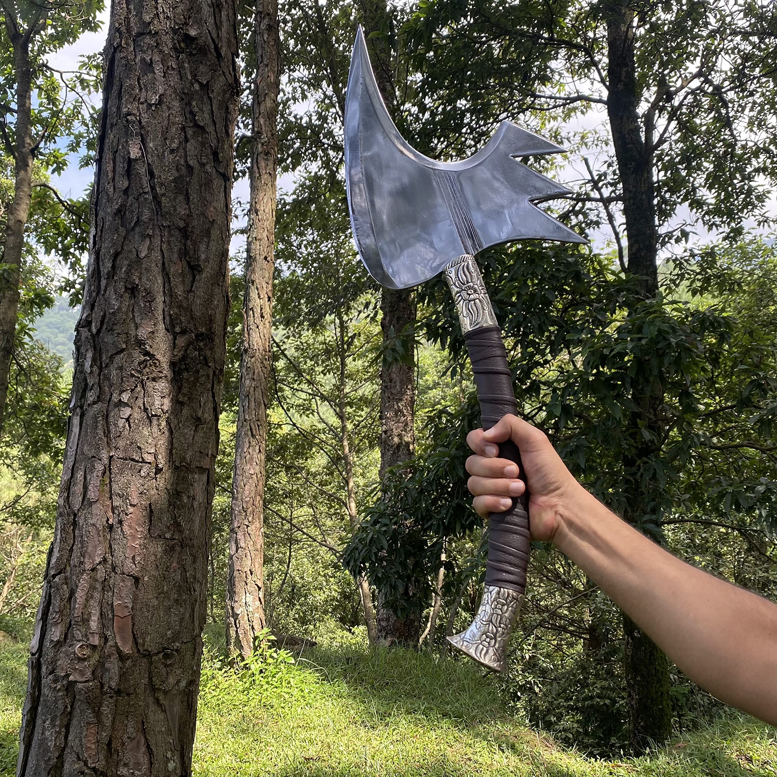Siekiera do siekania, 33,5 cm, ostrze fantomowe do drewna, siekiera survivalowa, narzędzia do majsterkowania na świeżym powietrzu, z ostrzem ze stali węglowej i mosiężnym uchwytem, plus skórzana osłona
