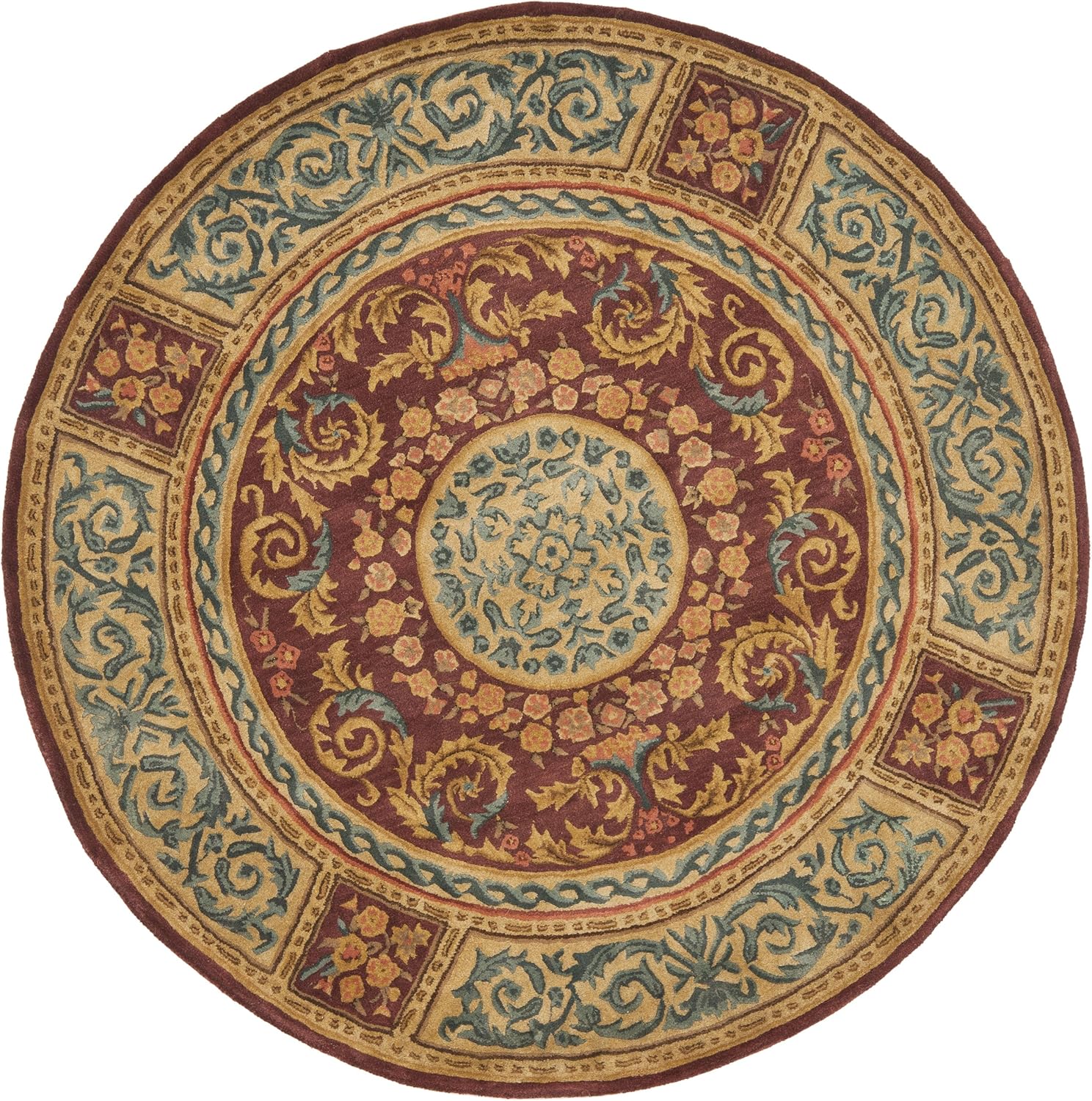 SAFAVIEH Empire Collection 4' Round Burgundy / Gold EM421A Handmade Traditional European Premium Wool Area Rug