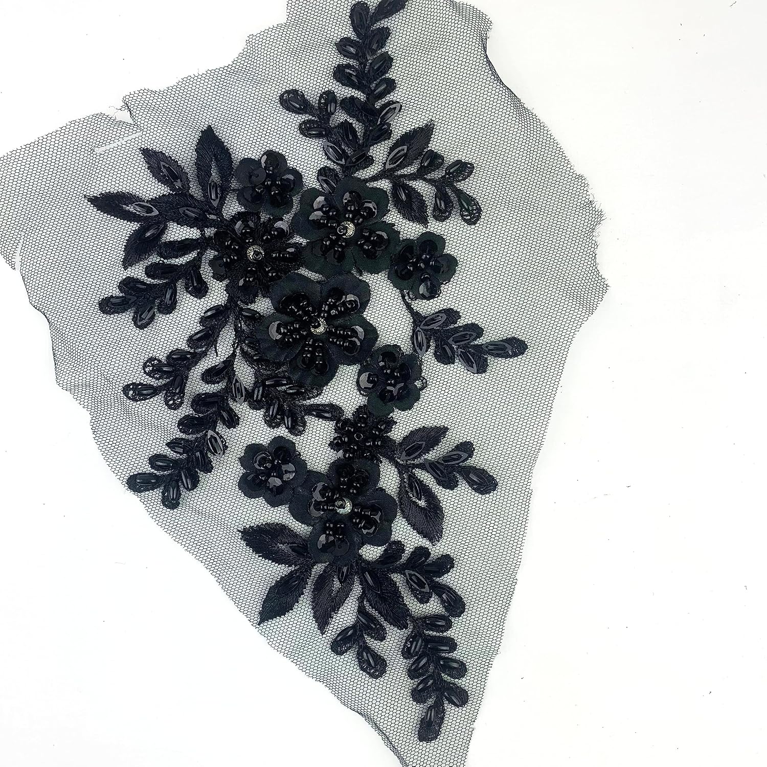 Heyiwell 1 Pair 3D Sequin Beads Flower Embroidery Patches Applique Lace Floral Motif for Wedding Dress Sewing Lace Decor 21x12cm(Black)