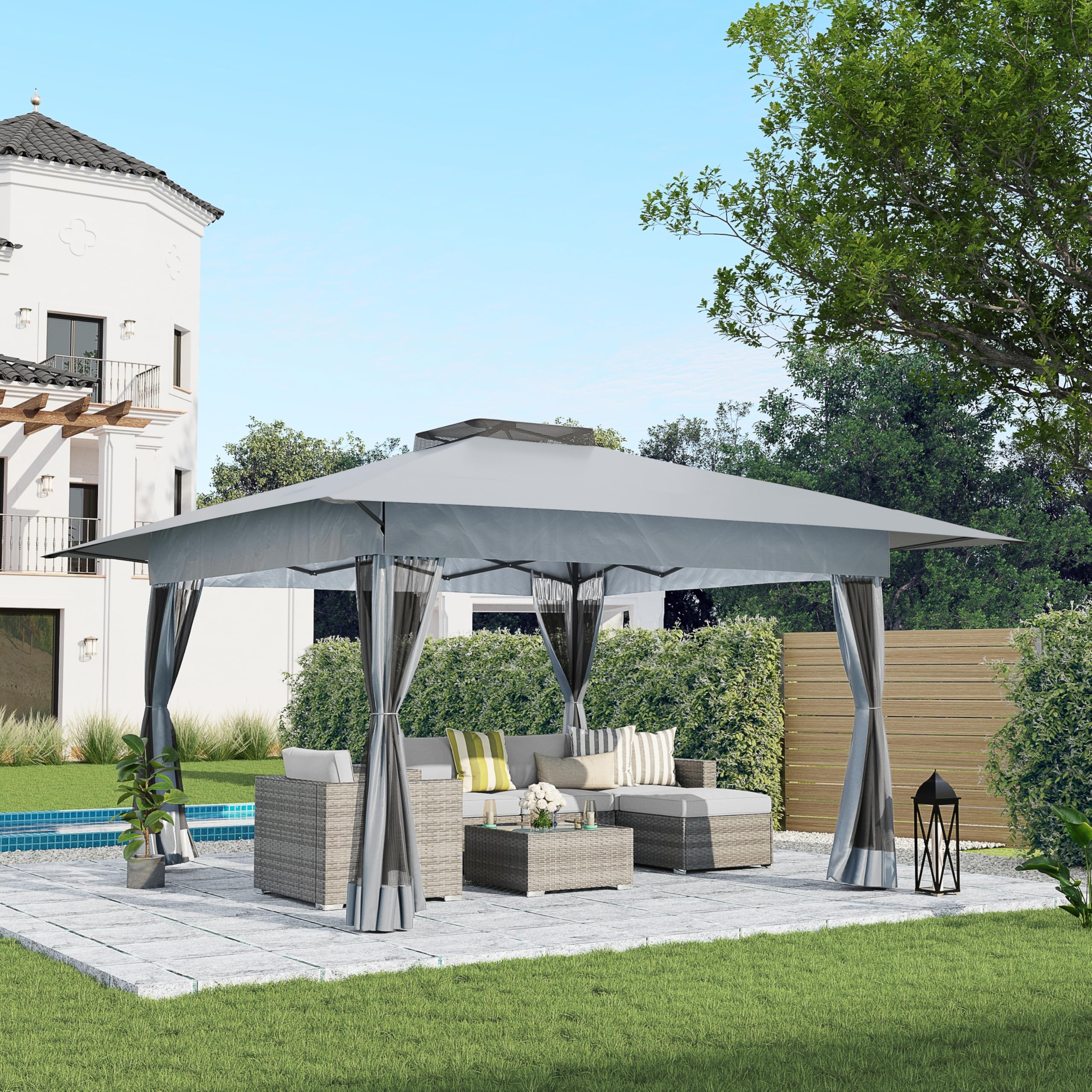 cobana 13’x13’ pop up gazebo, outdoor canopy tent shade with metal frame mosquito netting for patio, garden, lawn, backyard, light grey
