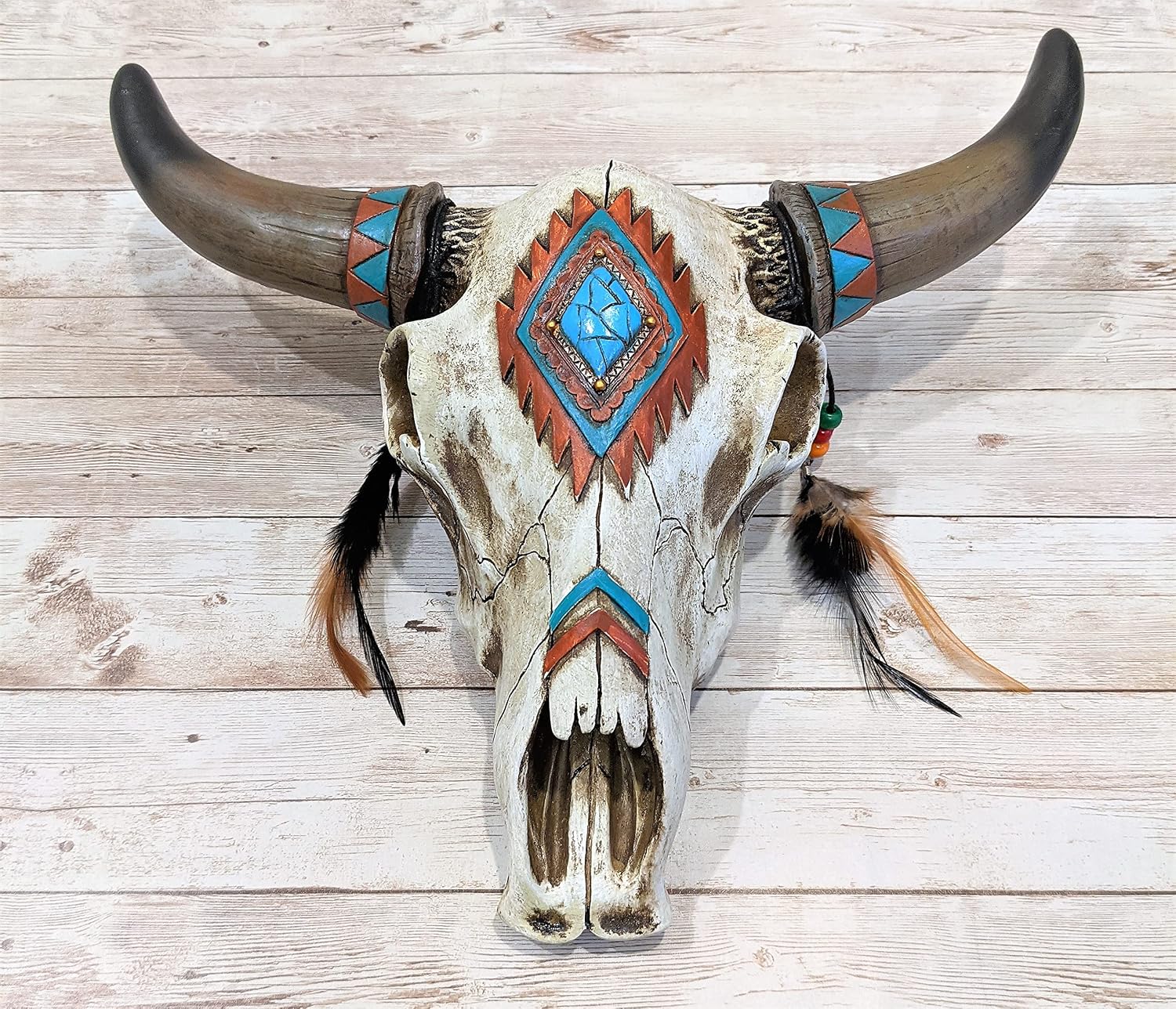 Southwest Tribal Bull Cow Skull Feathers Hanging Wall Décor