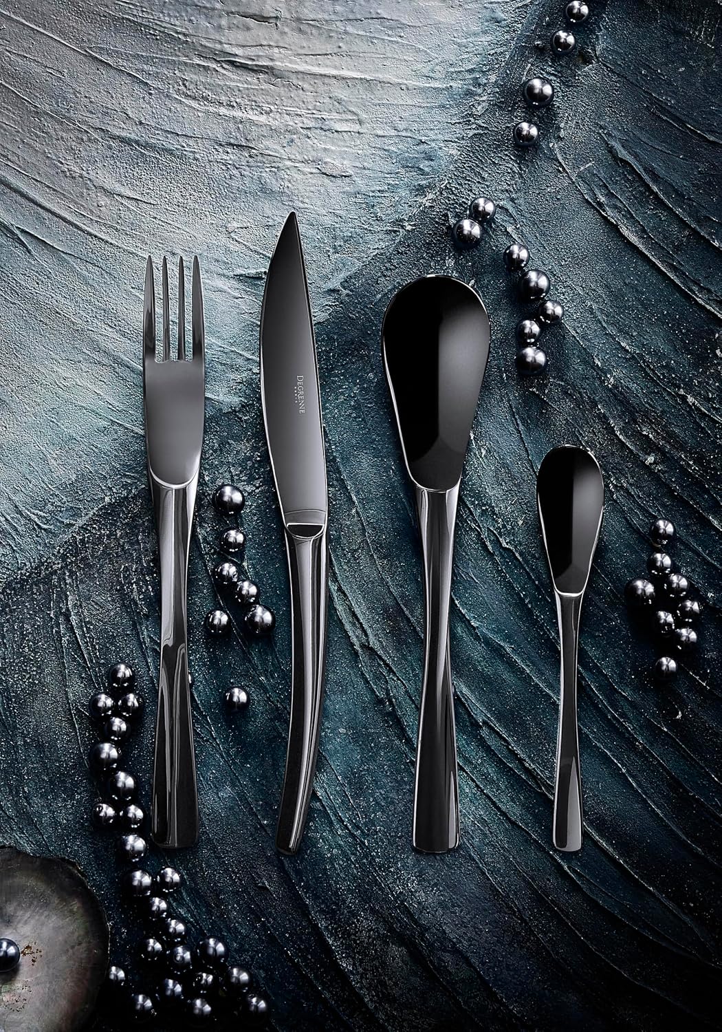 Degrenne Luxury French Cutlery Set - 5 Piece Silverware Set, Includes Forks, Spoons & Knife, Stainless Steel Flatware, Dishwasher Safe, Made in France - XY Black Mirror