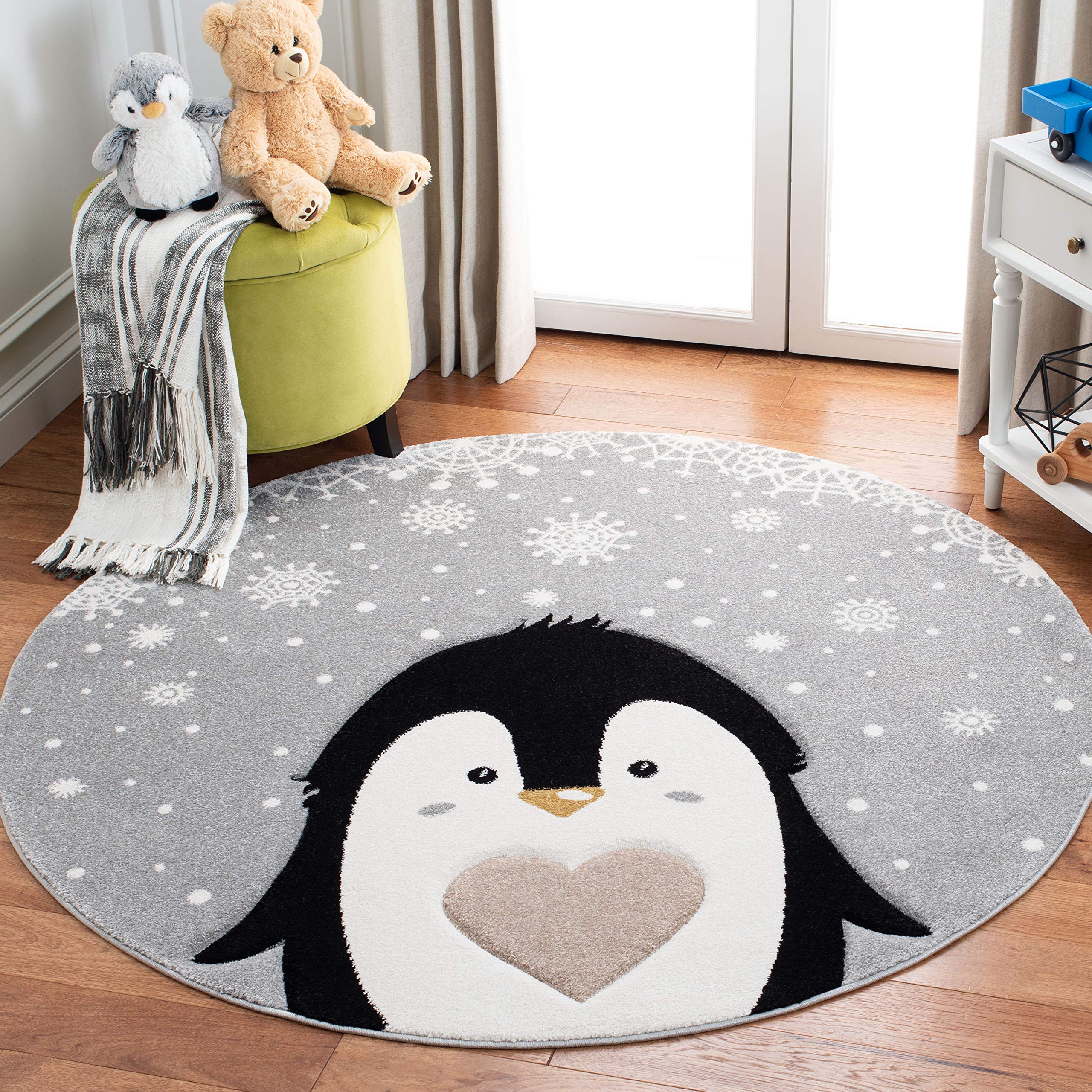 SAFAVIEH Carousel Kids Collection 5'3" Round Light Grey/Black CRK132F Penguin Nursery Playroom Area Rug