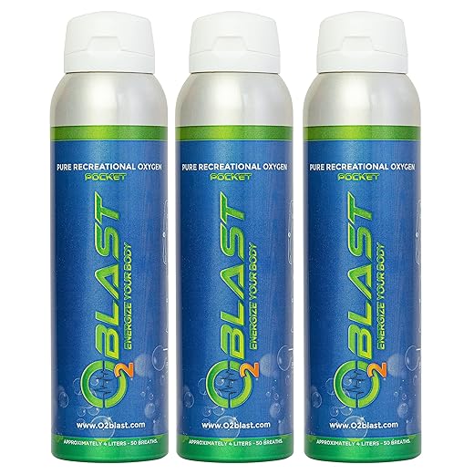 O2 Blast - 99.7% Pure Oxygen Supplement, Quick Recovery for Exercise, Motion Sickness, Altitude Sickness and Focus. Sanitary flip top Cap (4 Liter Oxygen Canisters - 3 Pack - Natural)