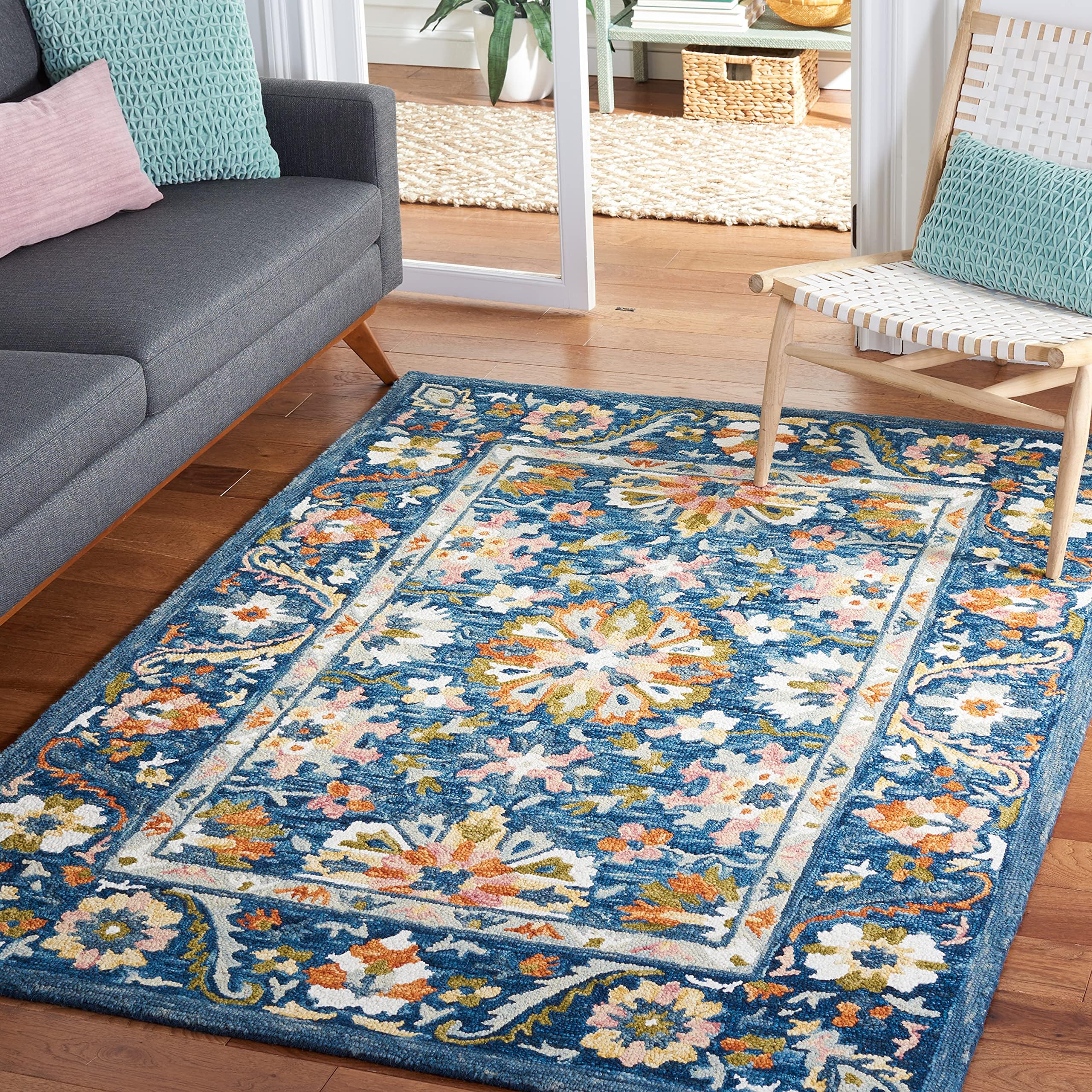 Aspen Collection Area Rug - 5' x 8', Blue & Green, Handmade Boho Wool, Ideal for High Traffic Areas in Living Room, Bedroom (APN129M)