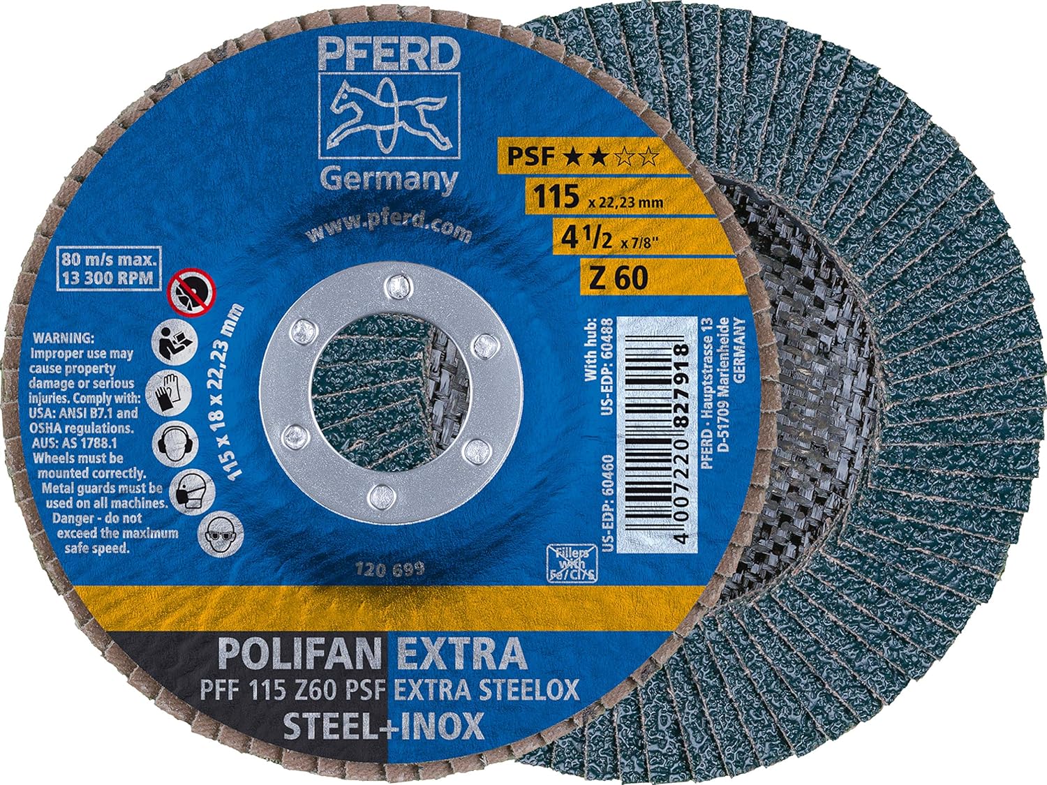 PFERD POLIFAN® Flap Disc 4-1/2" x 7/8" Flat PSF-Extra, Zirconia, 40 Grit (Pack of 1) - Part 60458