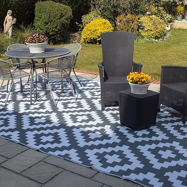 Valiant FIR564 Geometric Outdoor Patio and Decking Rug - 12ft x 9ft (3.6m x 2.7m), Grey,Gray