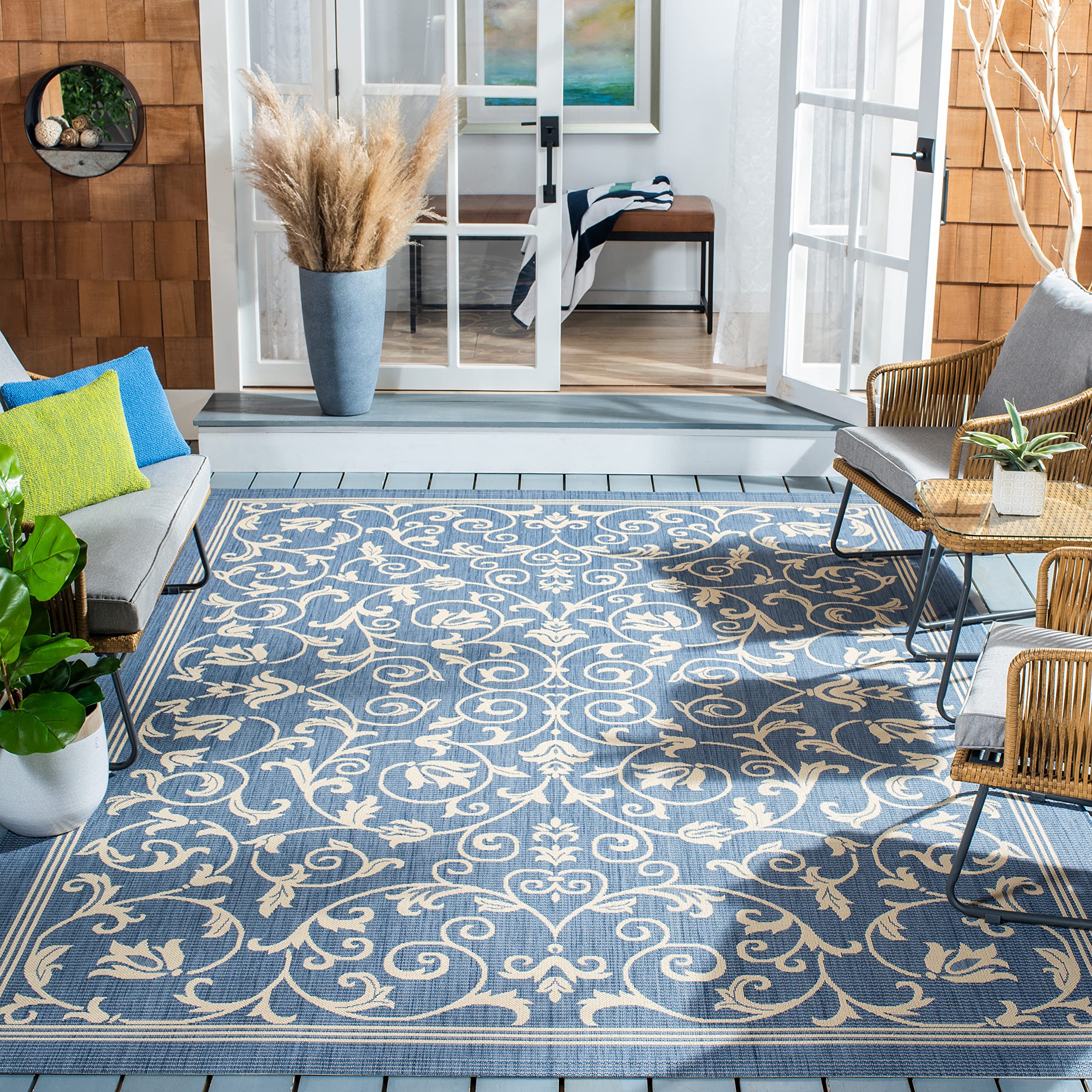SAFAVIEH Washable Rug Outdoor Courtyard Collection - 6'7" x 9'6", Blue & Natural, Non-Shedding & Easy Cleaning, Ideal for Patio, Backyard, Mudroom (
