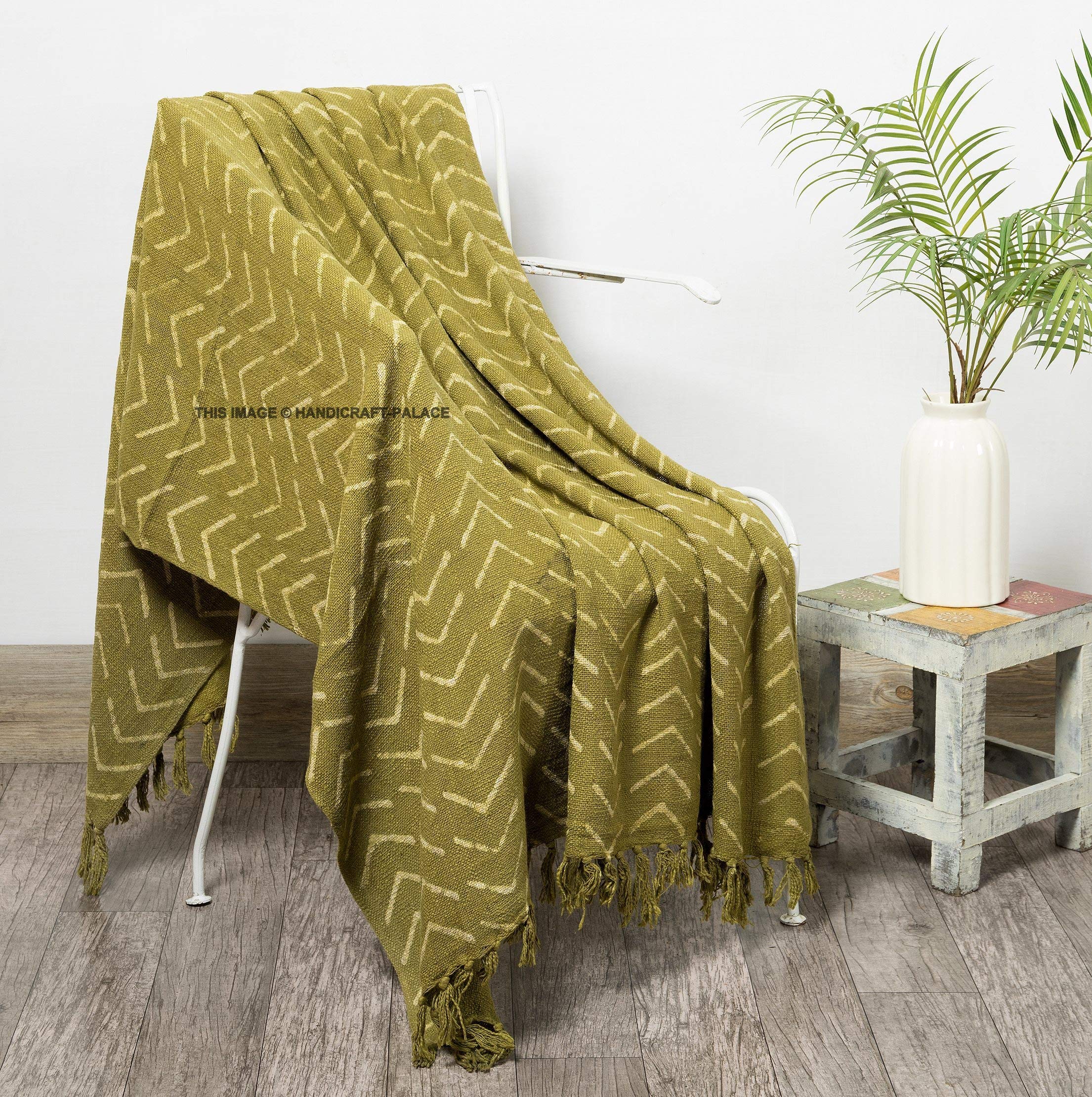 Ravaiyaa - Attitude is everythingHandloom Cotton Sofa Couch Throw Hand Block Printed Arrow Design Blanket Bedding Throw 45” X 66” Inch (Olive Green)