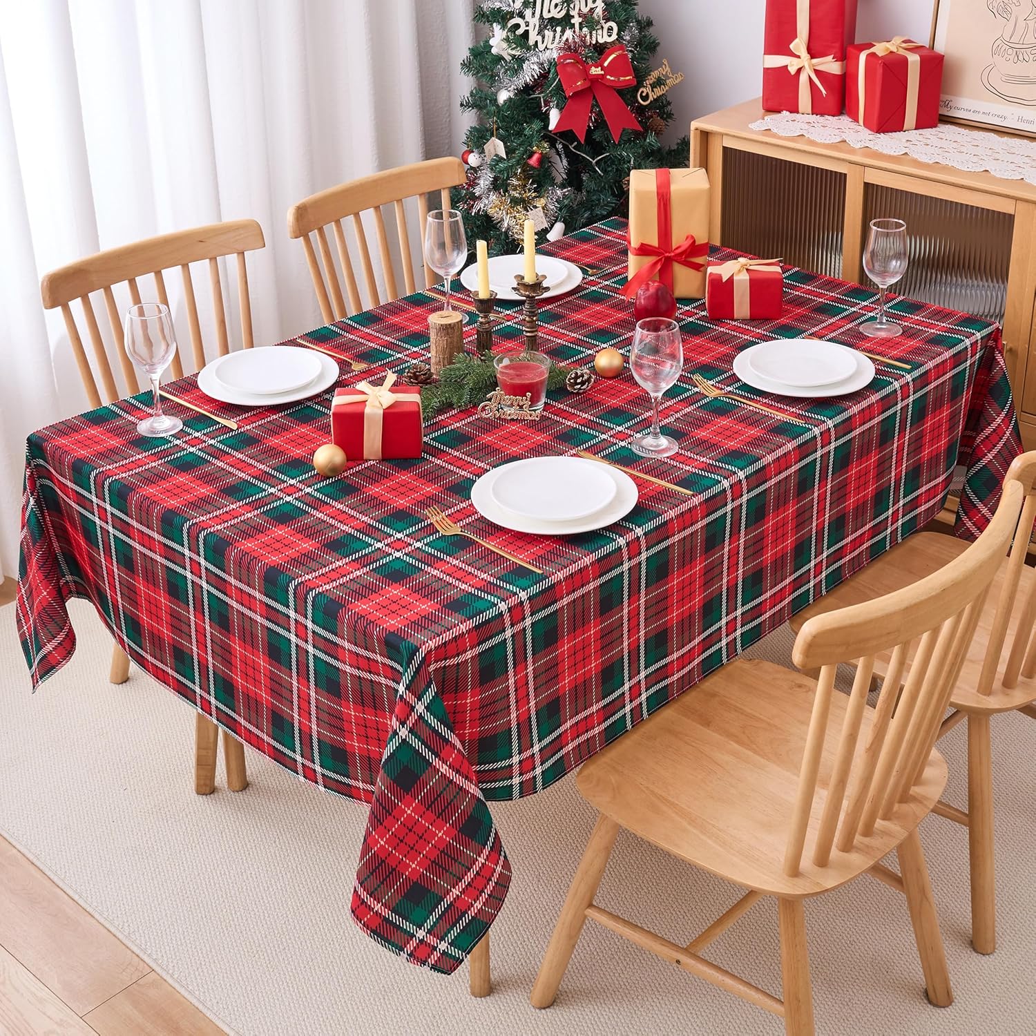 Christmas 52x70 Tablecloth Rectangular Winter Christmas Red Green Plaid Tablecloth - Oblong Polyester Xmas Festive Tartan Plaid Table Cloth Washable Waterproof Holiday Decoration Party Kitchen Dining V65 Christmas Red Green Plaid 70" x 52" (Rectangular)