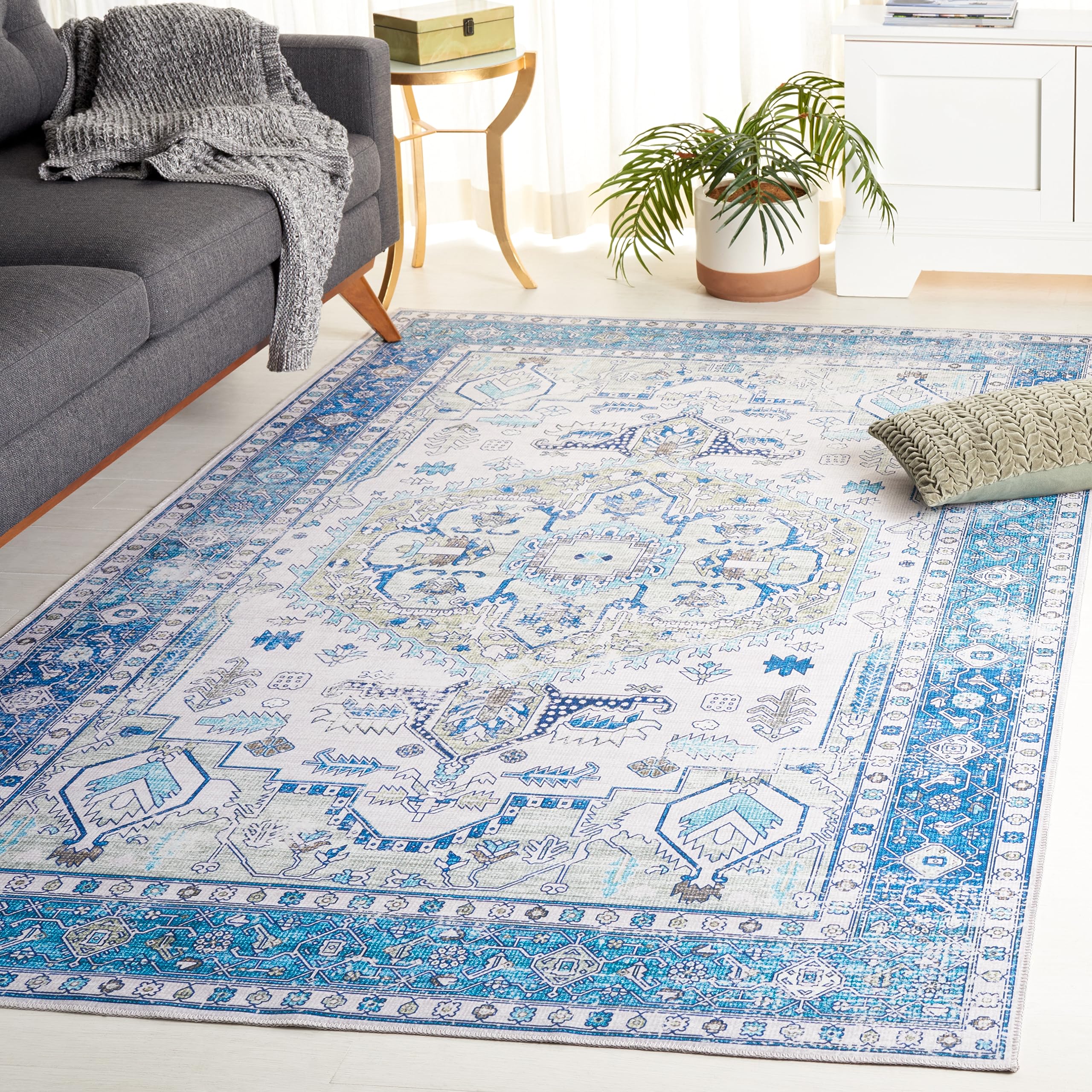 Alfombra azul y beige de 152x244 cm lavable para zonas de alto paso Arizona