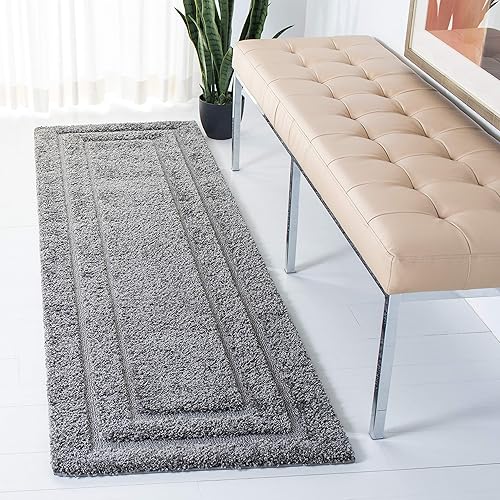 SAFAVIEH Florida Shag Collection SG454 Border Non-Shedding Living Room Bedroom Dining Room Entryway Plush 1.2-inch Thick Runner, 2'3" x 9' , Grey / Grey