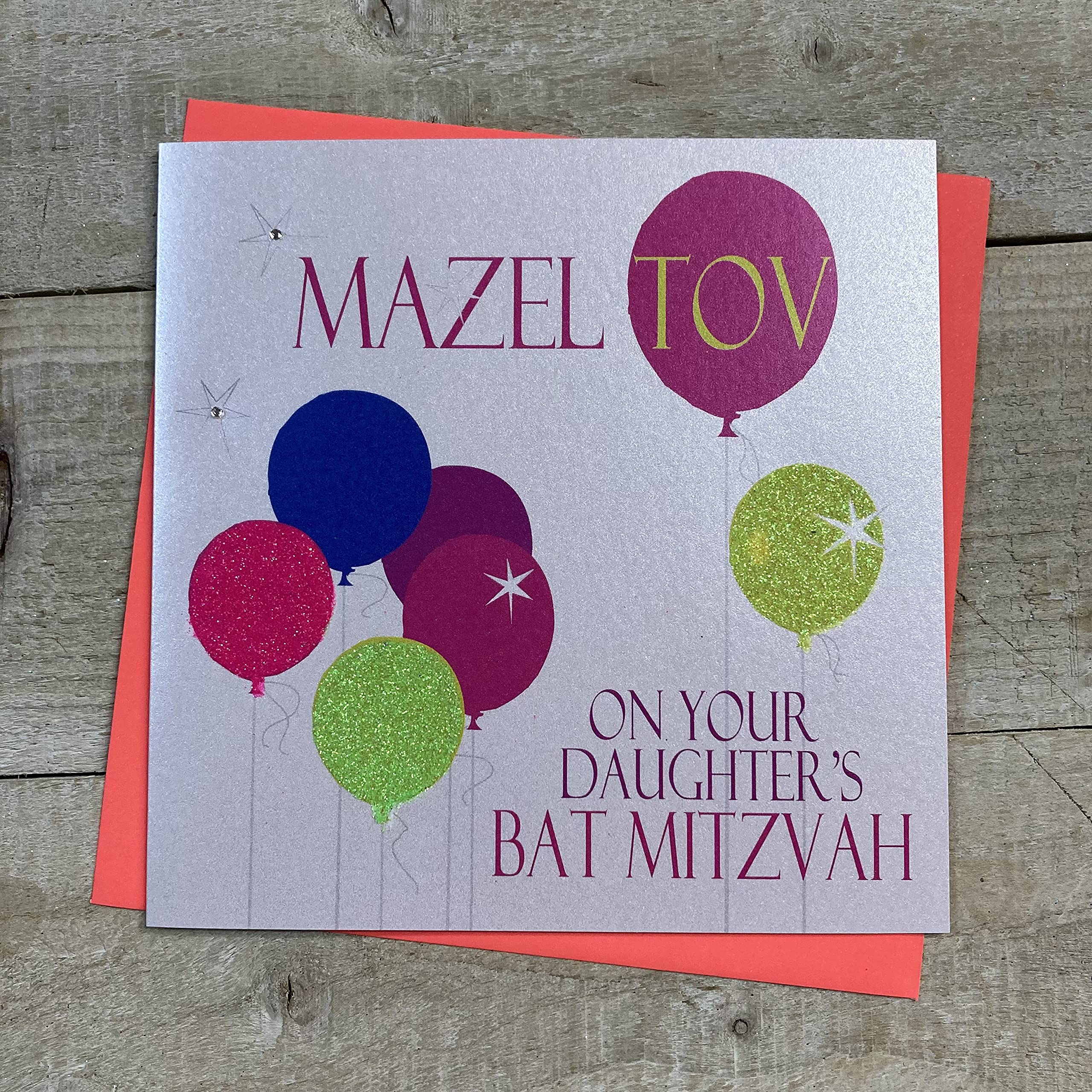 WHITE COTTON CARDS N329 Mazel Tov On Your Daughter's Bat Mitzvah Handmade Card, Neon