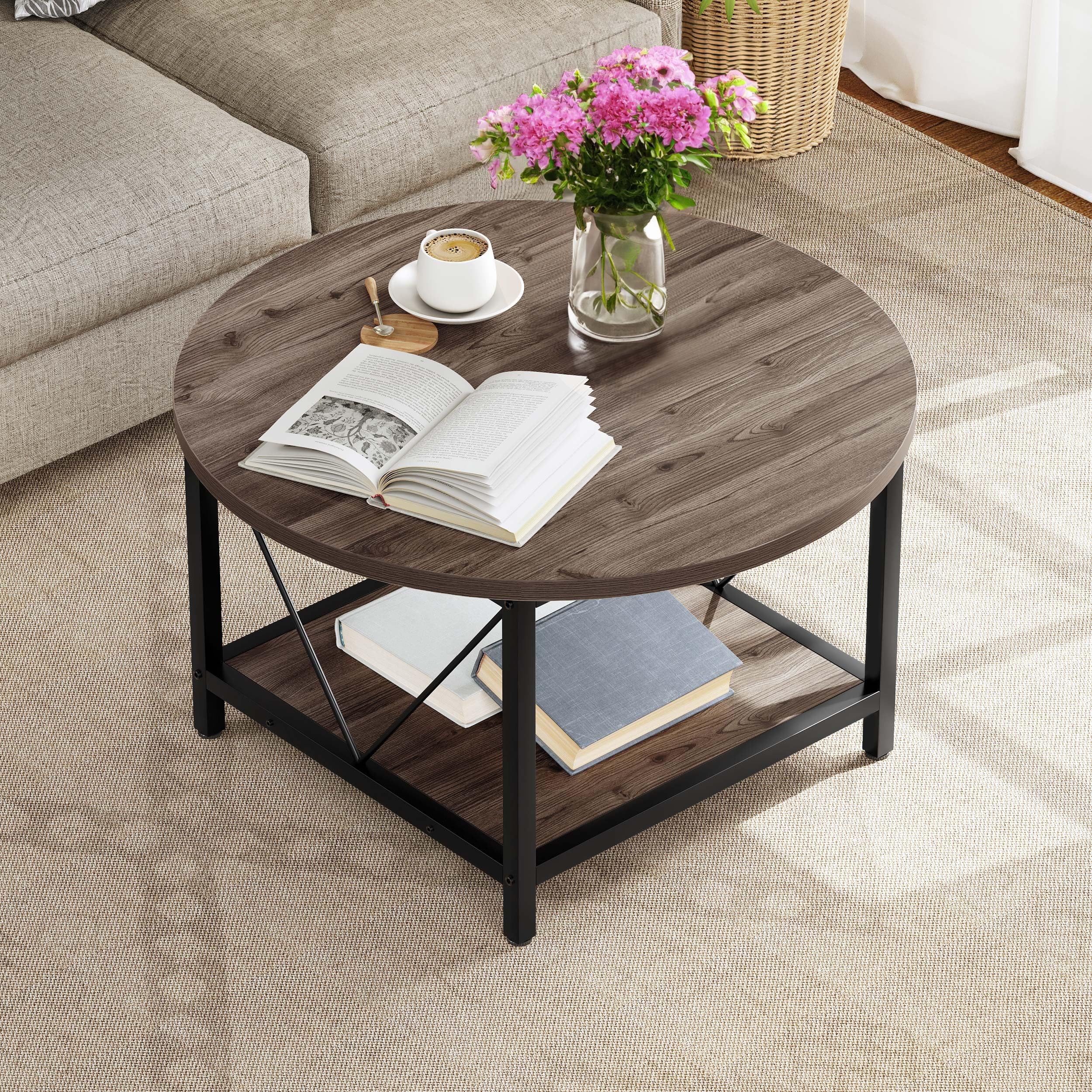 YITAHOME Mesa Auxiliar Redonda, Mesa Central Retro 80 x 80 x 46 cm, con Estante de Almacenamiento, Mesita Baja Sofá Industrial Moderna con Patas de Metal Resistentes, para Sala de Estar, Gris