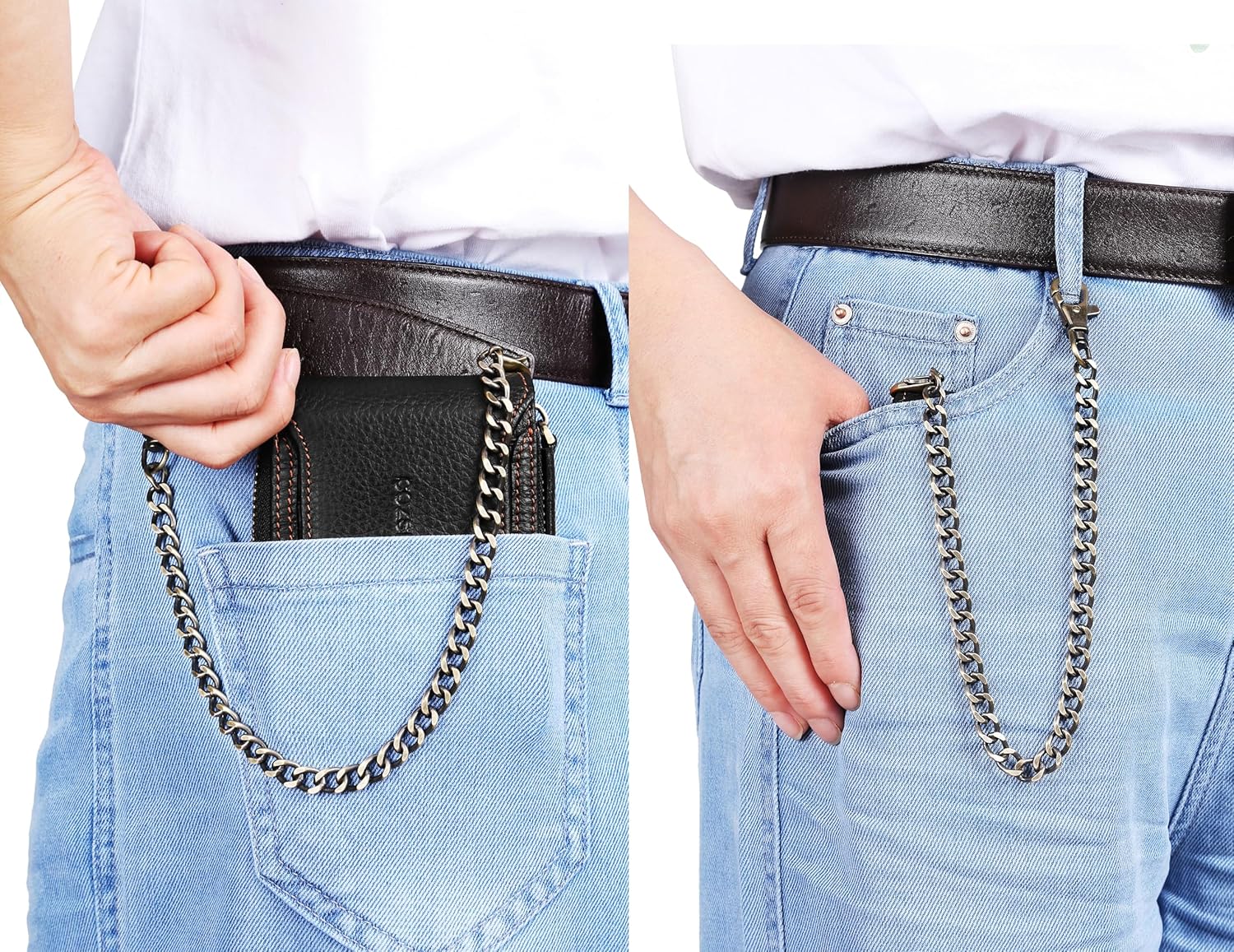 Chain Wallets For Men RFID Blocking Leather Mens Wallet With Zipper, Flap ID Window Zip Coin Pocket Bifold Card Wallets Big Capacity For Travel (Black) - Image 2