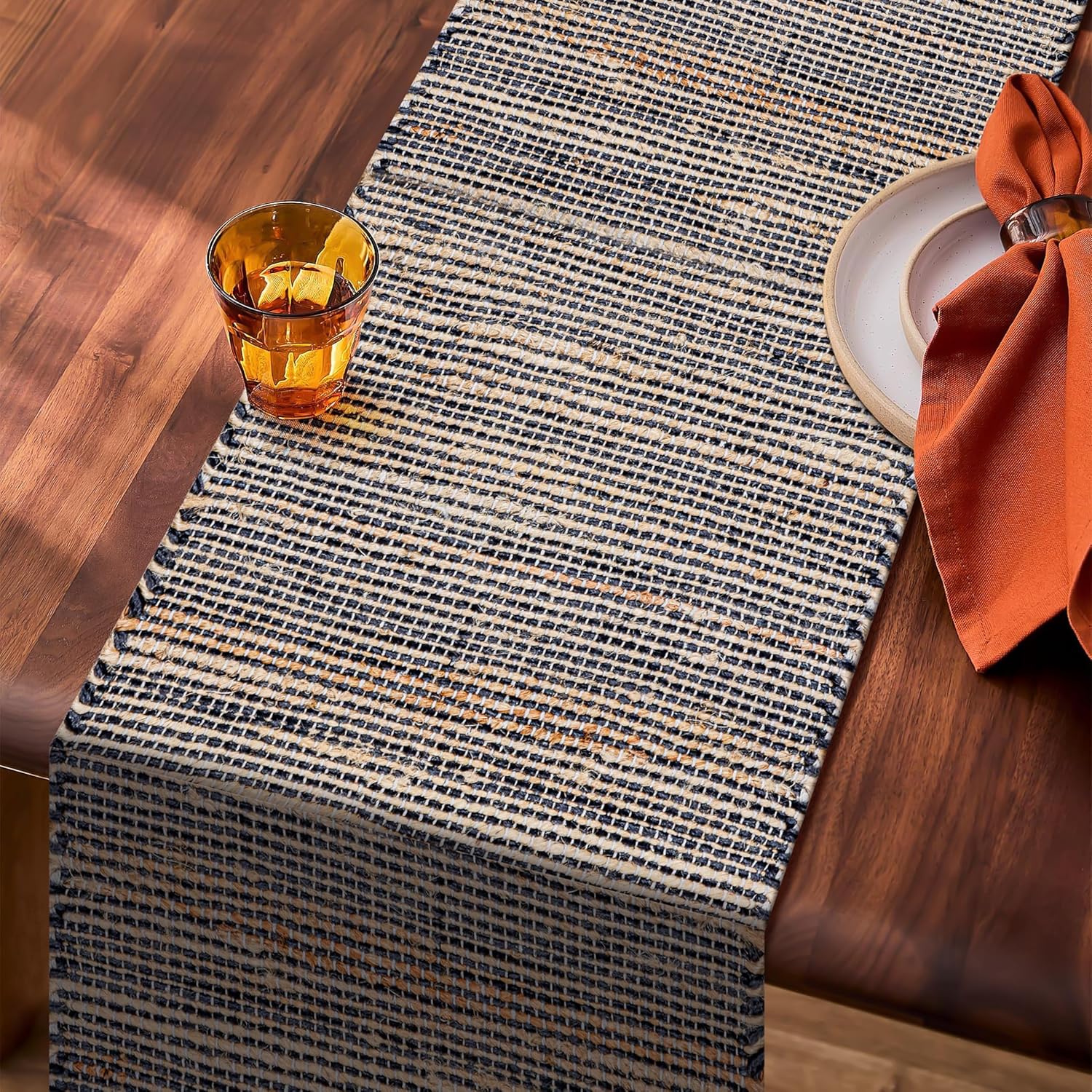 Jute Runner - Boho Table Runner for Dining Table, Rustic Table Runners Farmhouse Style , Cotton and Jute Neutral Colorful Indoor Kitchen Decor, 13 X 108 Inch, - Natural- Charcoal Grey