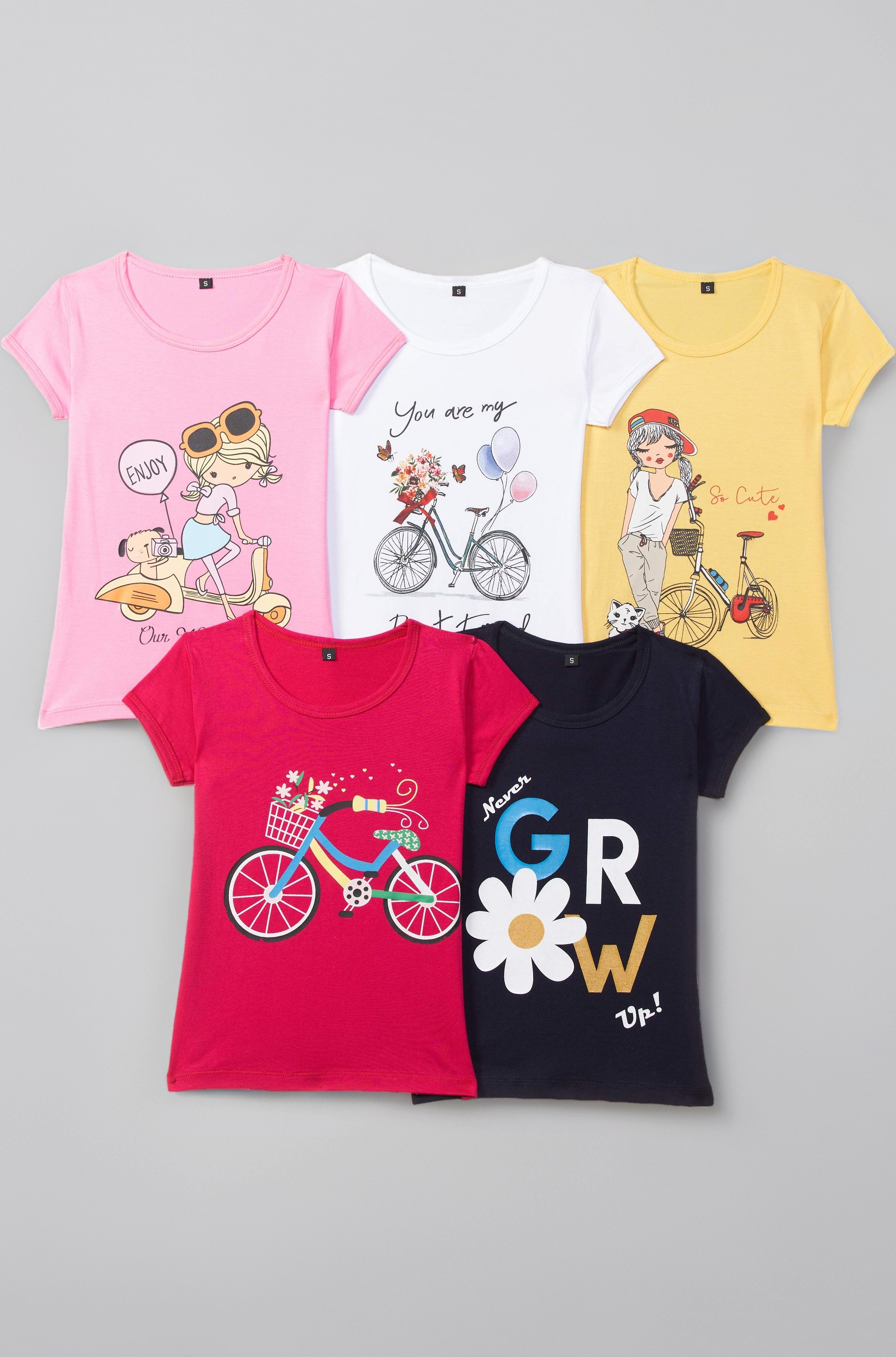 Girl's Cotton Regular Fit T-Shirt(Pack of 5)