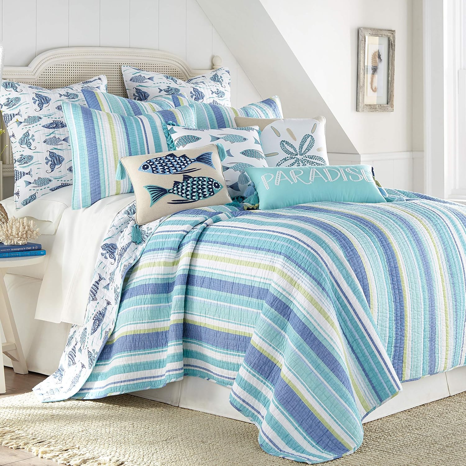 Levtex Home - Laida Beach Quilt Set - Full/Queen Quilt + Two Standard Pillow Shams - Coastal Stripe - Green, Blue, White - Quilt Size (88x92in.) and Pillow Sham Size (26x20in.) - Reversible - Cotton