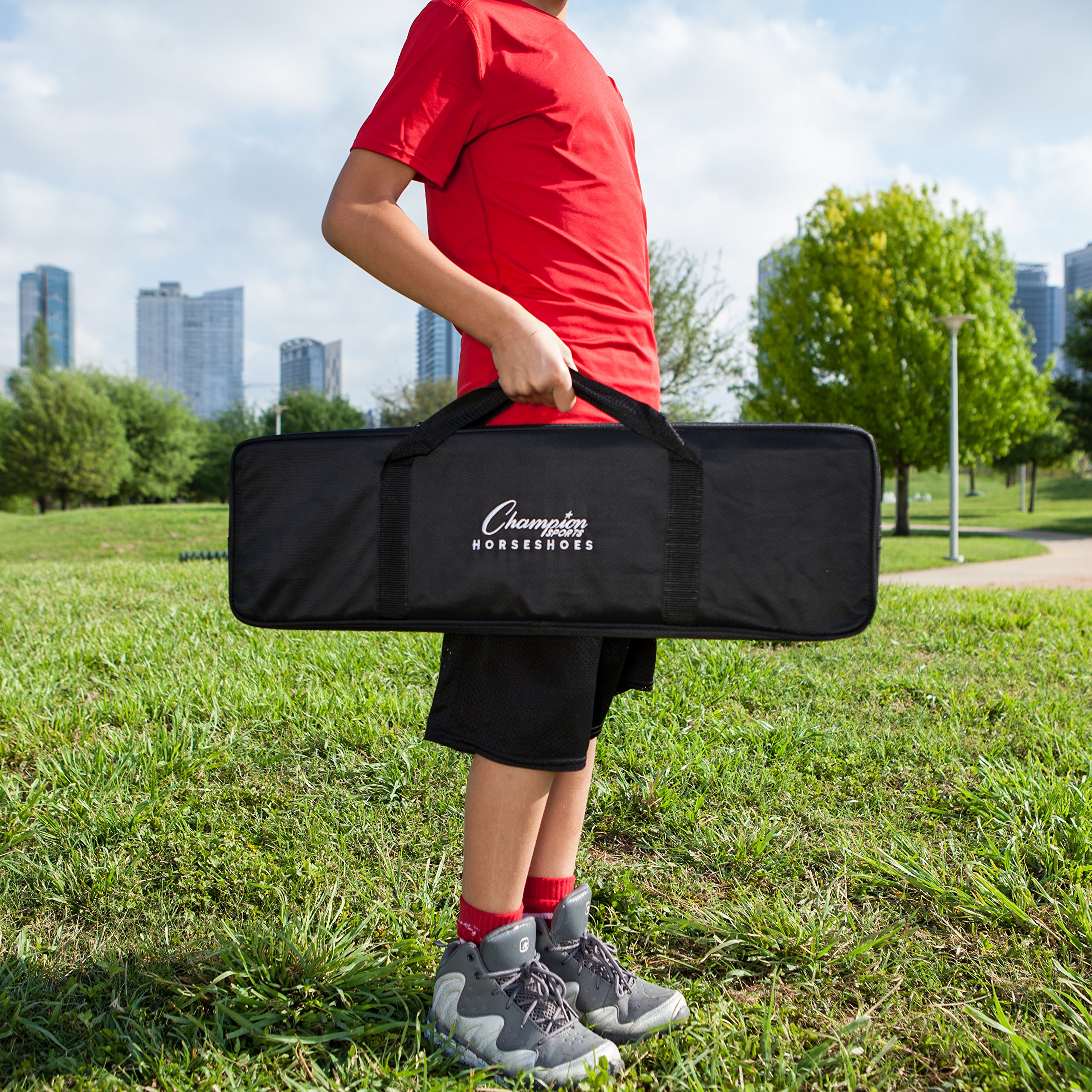 Champion Sports Tournament Horseshoe Set: Classic Outdoor Lawn Game includes Two Chrome & Two Brass Plated Professional Horseshoes with Solid Steel Stakes & Carrying Case