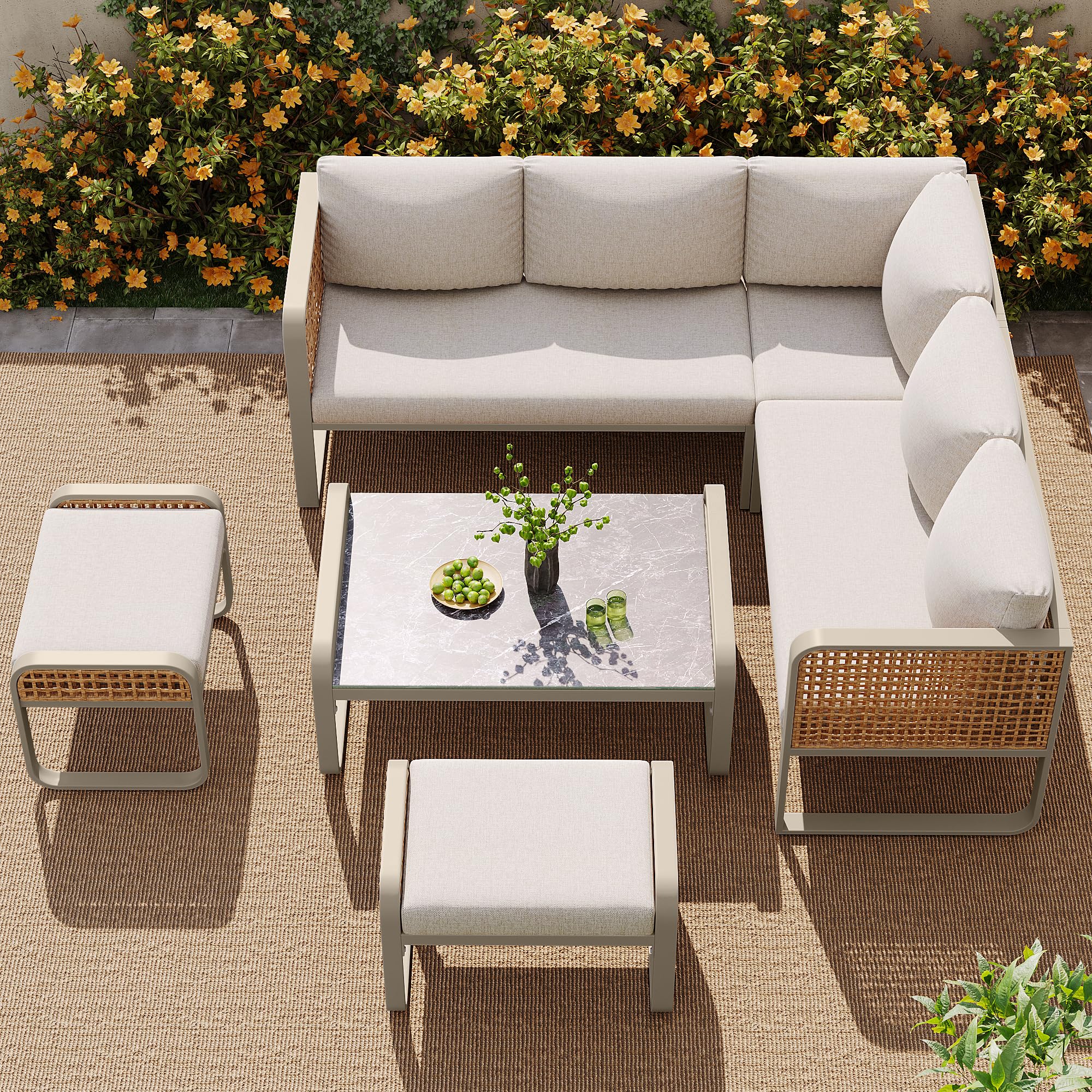 Set divano angolo rattan ferro zincato 120x61x69 cm beige per 6-7 persone