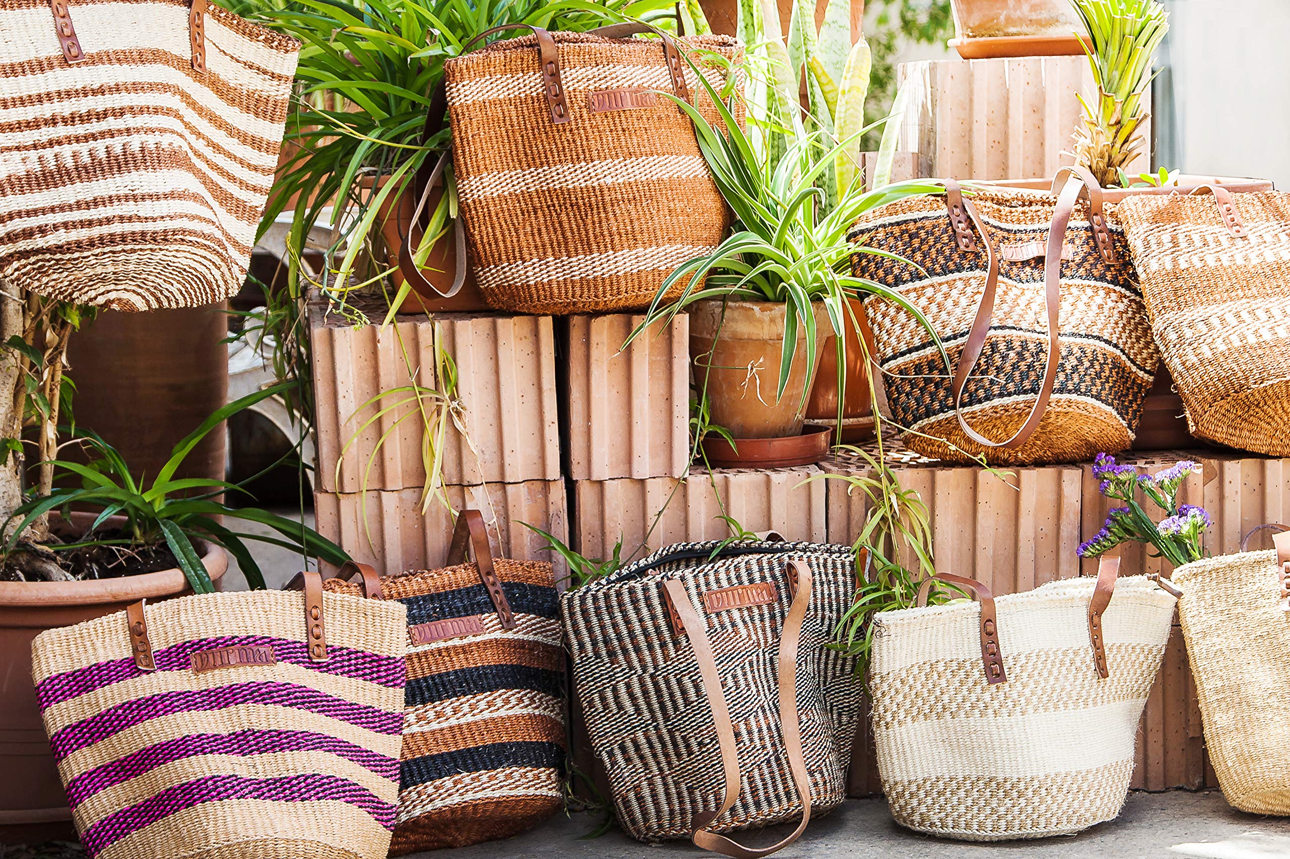 Capazo artesanal con asa de cuero - Bolsa de Sisal hecha a mano estilo Vintage para verano