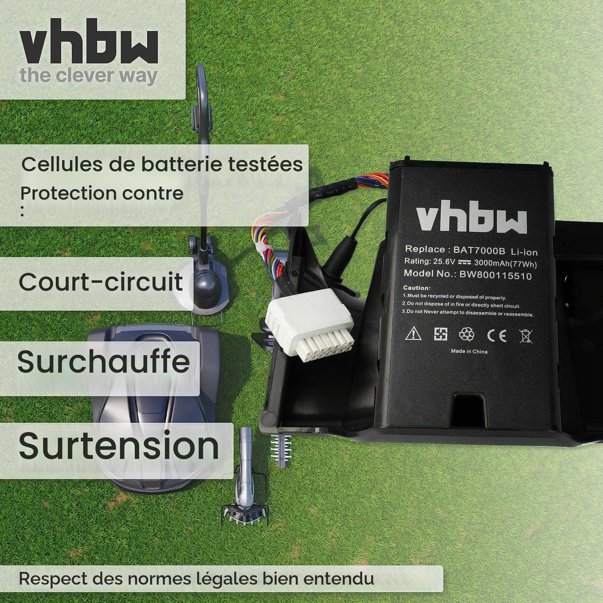 vhbw Batterie Compatible avec Robomow Premium RC302/304/304u/306/308/308u/312/312u - Remplacement pour BAT7000B, MRK7005A- (Li-ION, 3000mAh, 25.6V)