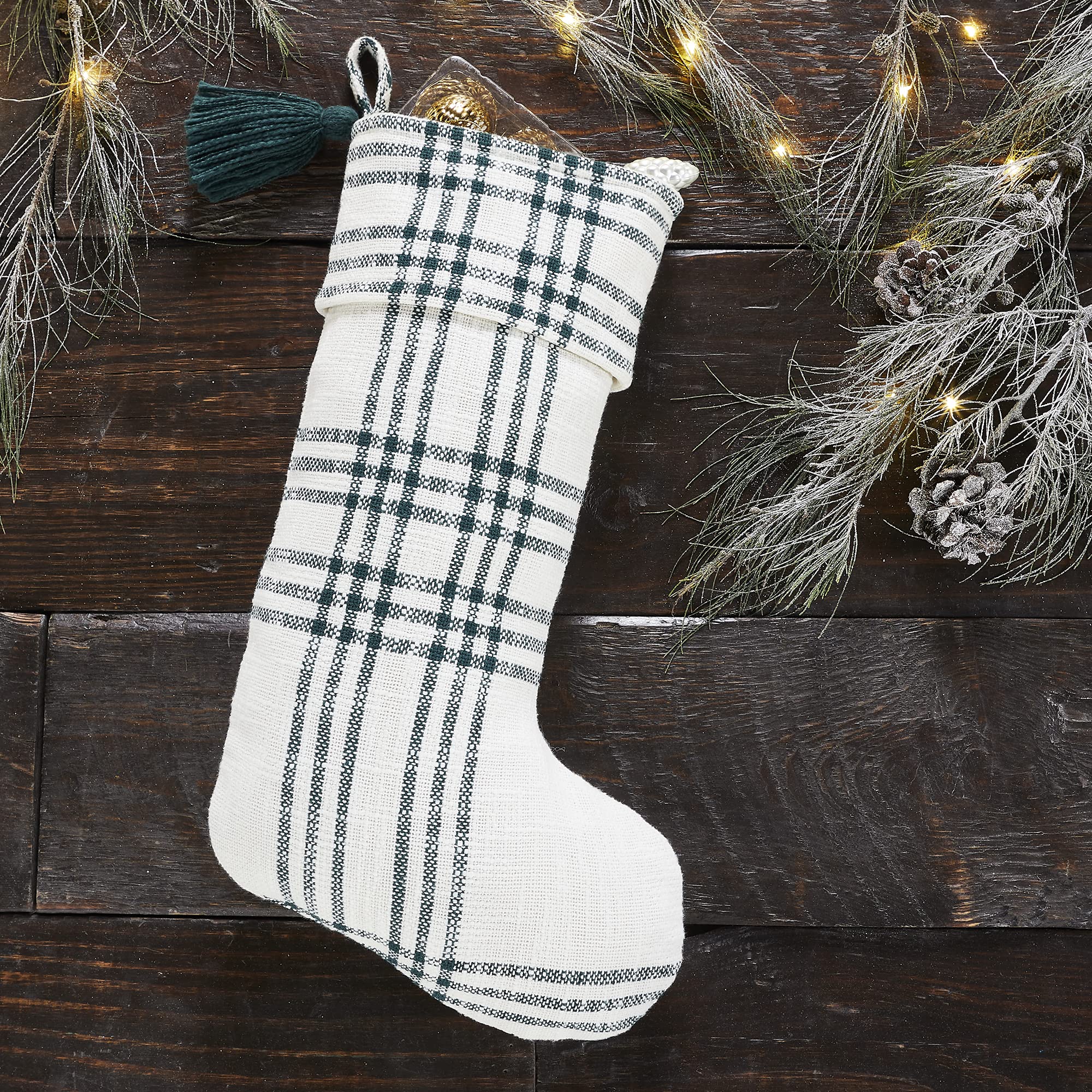 VHC Brands Pine Grove Plaid Christmas Stocking for Christmas Decorations with Hanging Loop Fireplace 12x20, Green White