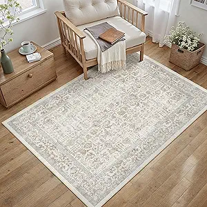 Taupe Area Rug 3x5 Office Entryway Rug Machine Washable Kitchen Vintage Distressed Non Slip Carpet Indoor Retro Floral Accent Throw Door Mat for Bathroom Bedroom Dining Living Room
