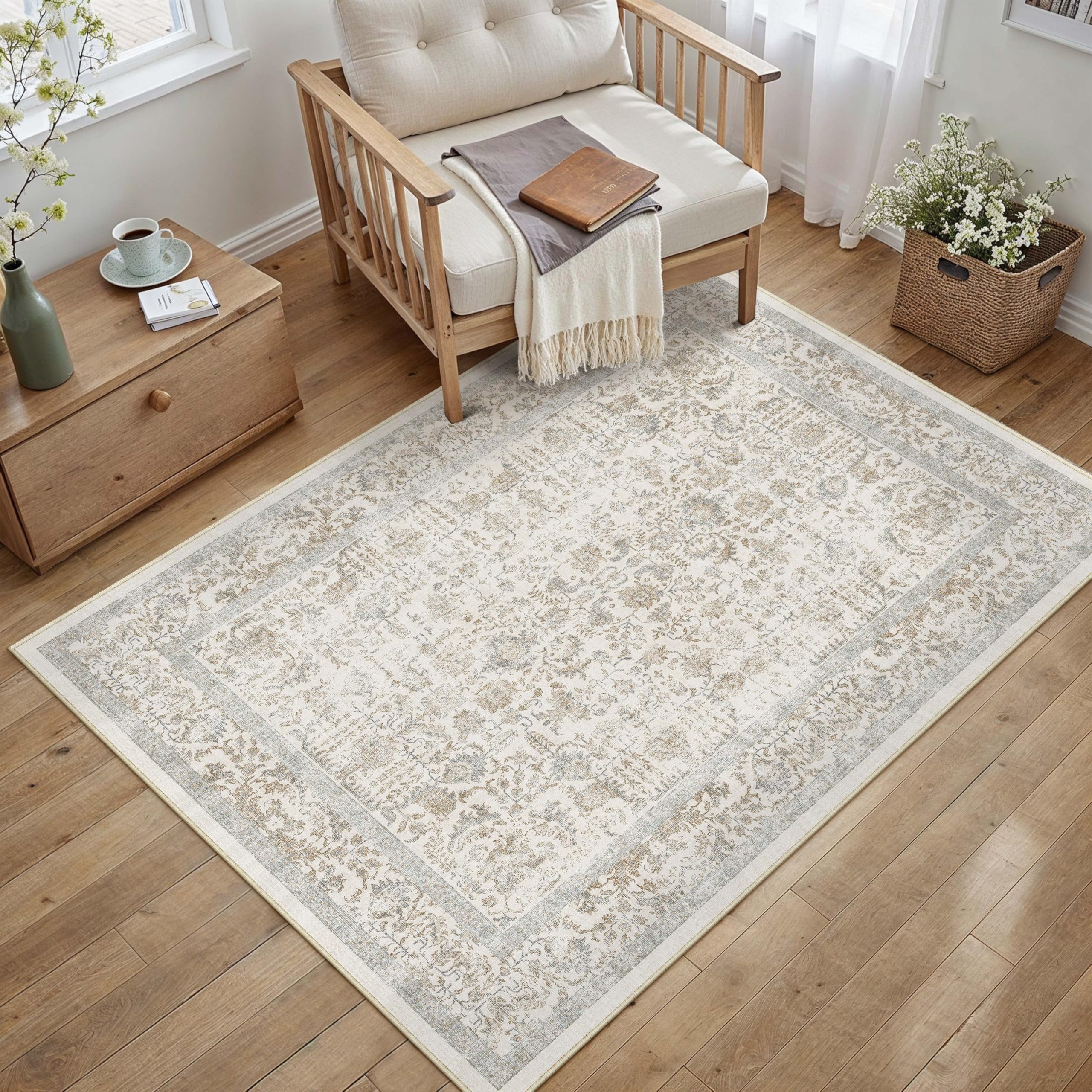 PureCozy Taupe Area Rug 3x5 Office Entryway Rug Machine Washable Kitchen Vintage Distressed Non Slip Carpet Indoor Retro Floral Accent Throw Door Mat for Bathroom Bedroom Dining Living Room โ image 1