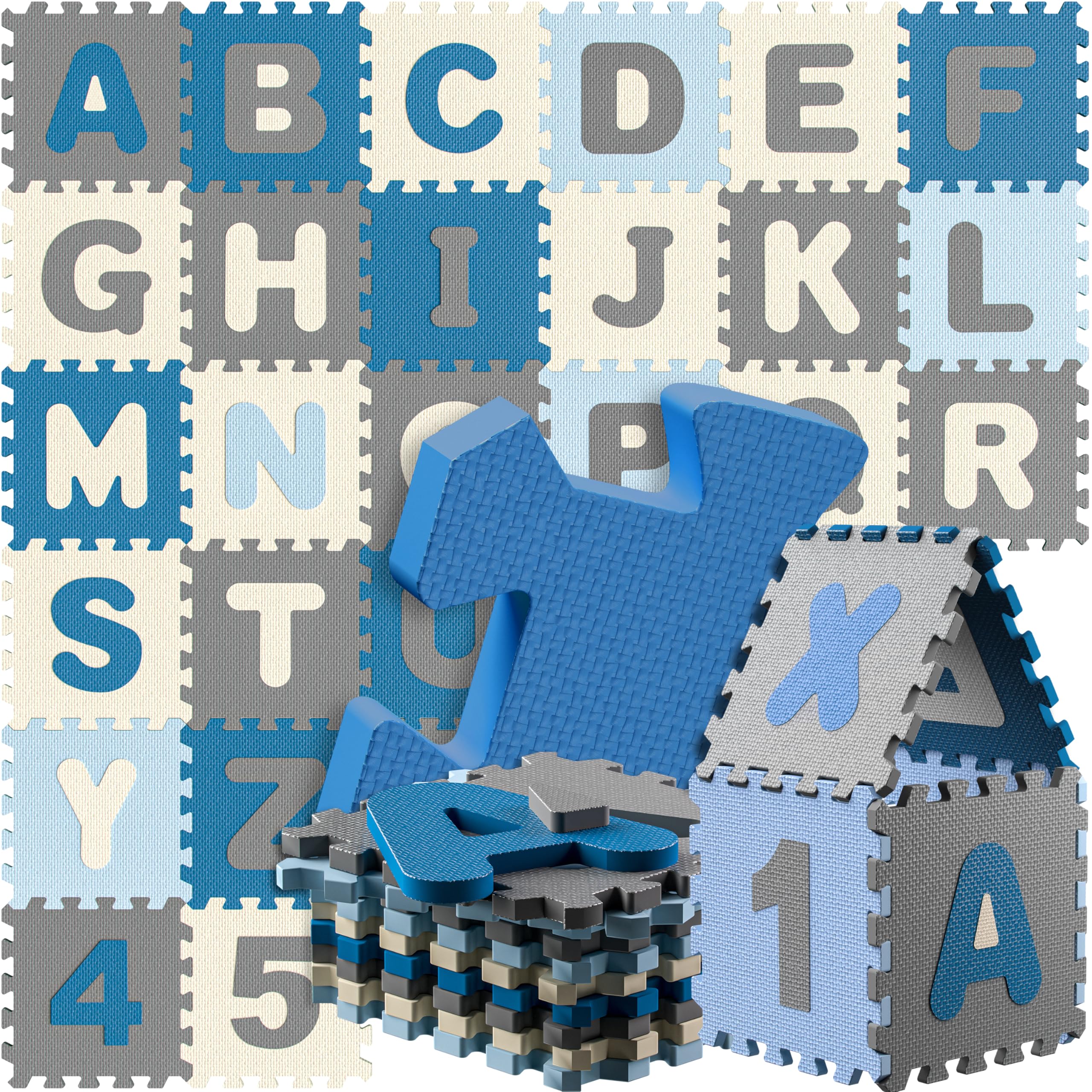 Spielwerk® 86pc Blue Baby Play Mat | Jigsaw Puzzle Mat | 3.3m² | Letters A-Z | EVA Foam | Tummy Time | Soft Play | Easy to Clean with Water & Baby Wipes