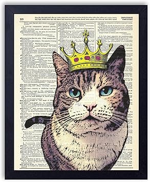 Queen Cat With Crown, Vintage Dictionary Art Print, Antique Wall Art Home Decor, Modern Boho Poster, Farmhouse Decoration Living Room Bedroom Office 8x10 Inches, Ready To Frame