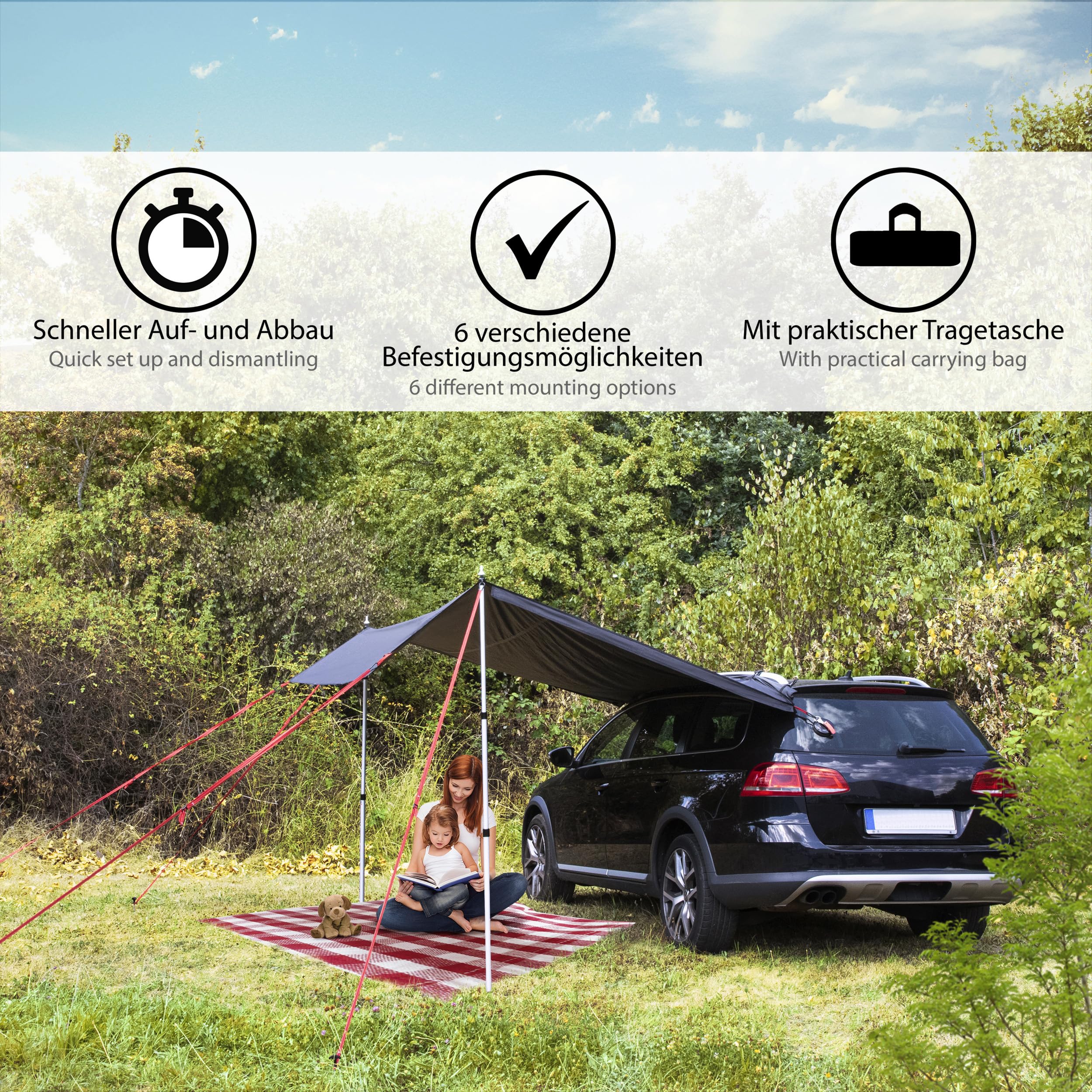 ONVAYA® Auto-Sonnensegel | Schutz vor Wind, Regen, Sonne (UV99) | 6 Aufbauvarianten | Schneller und einfacher Aufbau