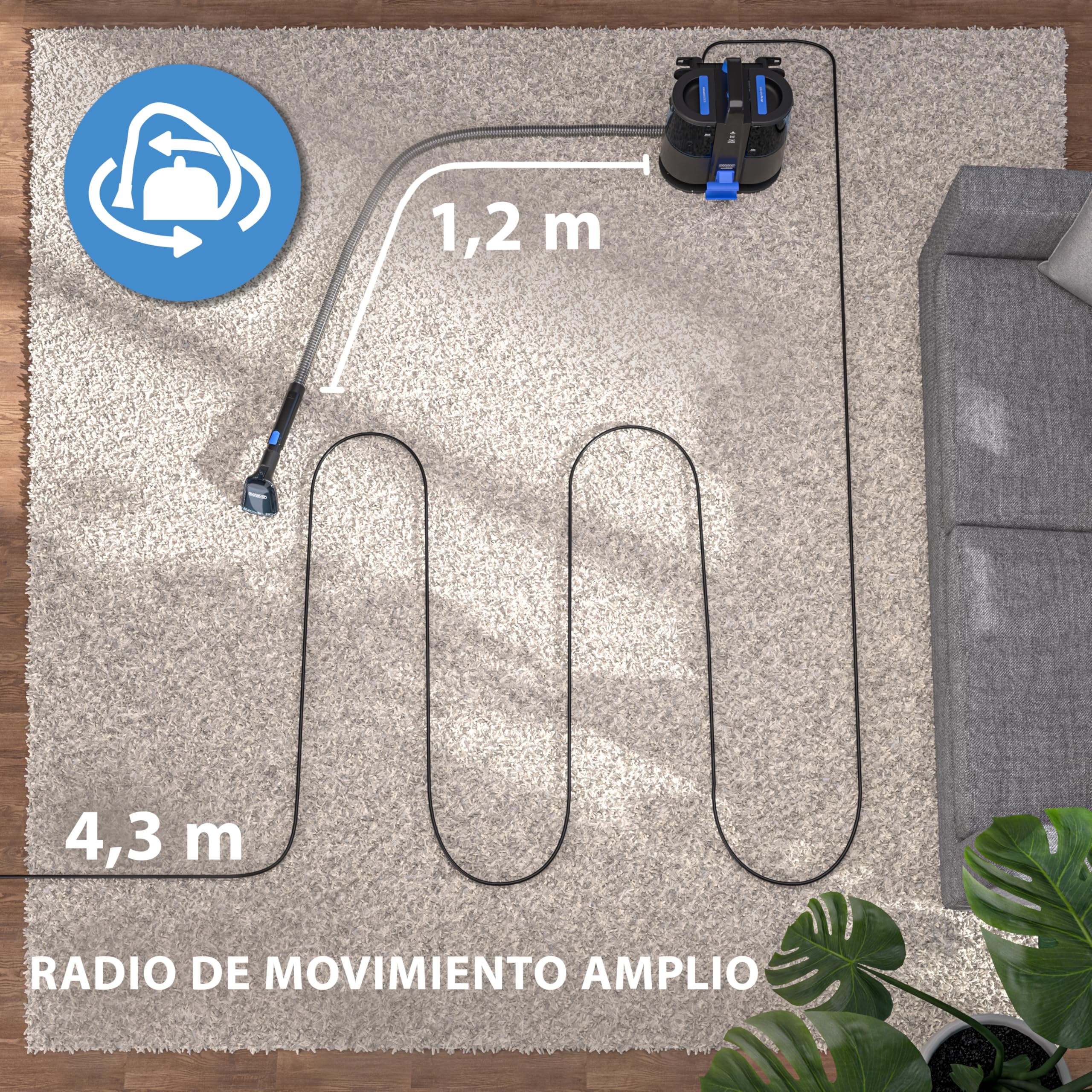 MONZANA® Limpiador de Tapicerías Cepillo 2 en 1 Manguera 1,2 m Alcance 5,5 m Portátil Aspirador en Seco Húmedo Vapor Alfombras Muebles Sofas Coches