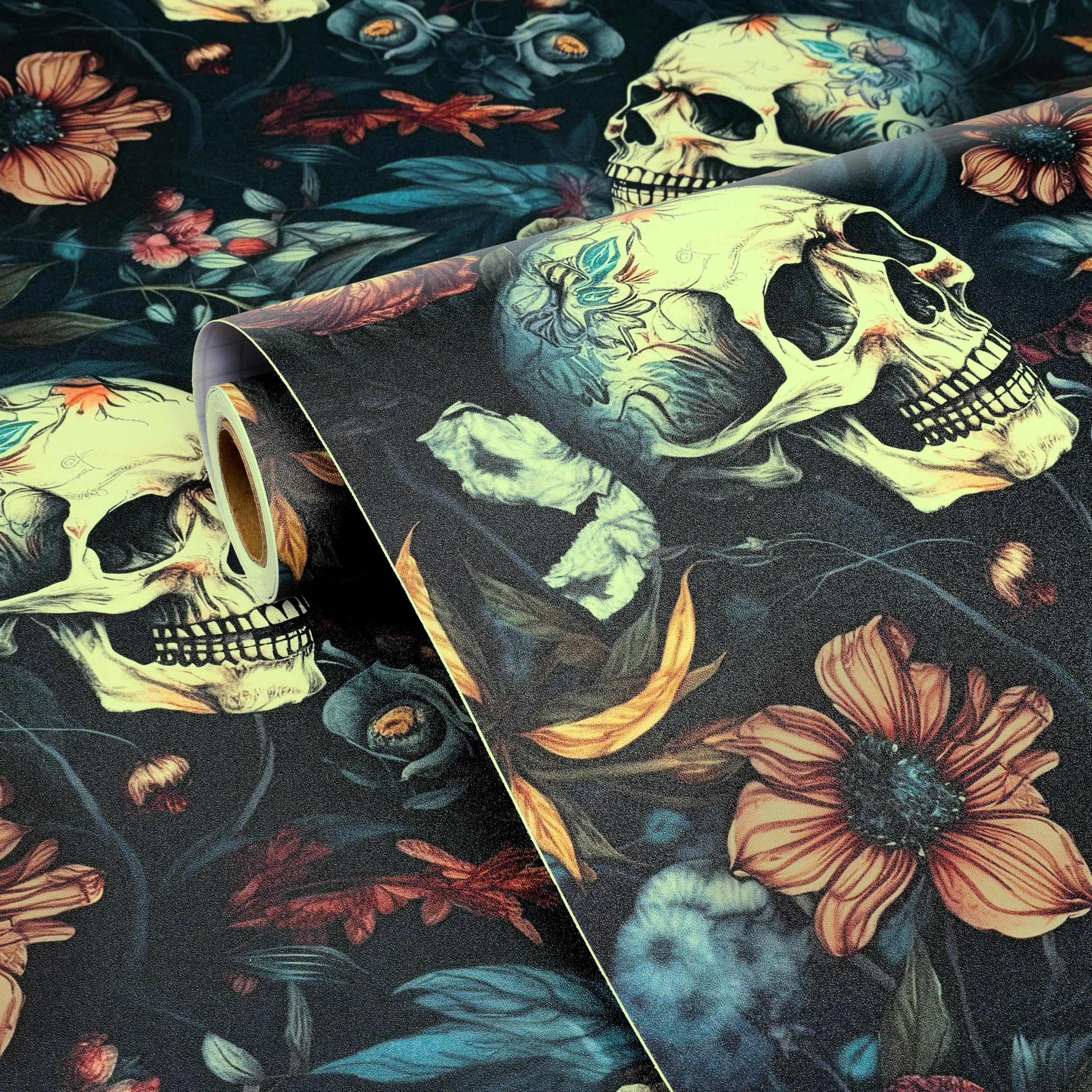 FunStick 44.5CMx9M Papel Pintado Autoadhesivo Negro Flores y Calaveras Halloween Papel Pintado Pared Dormitorio Vinilo Adhesivo Calavera Amarillo Negro Vinilo Adhesivo Pared Flores Cocina Baño Gótico