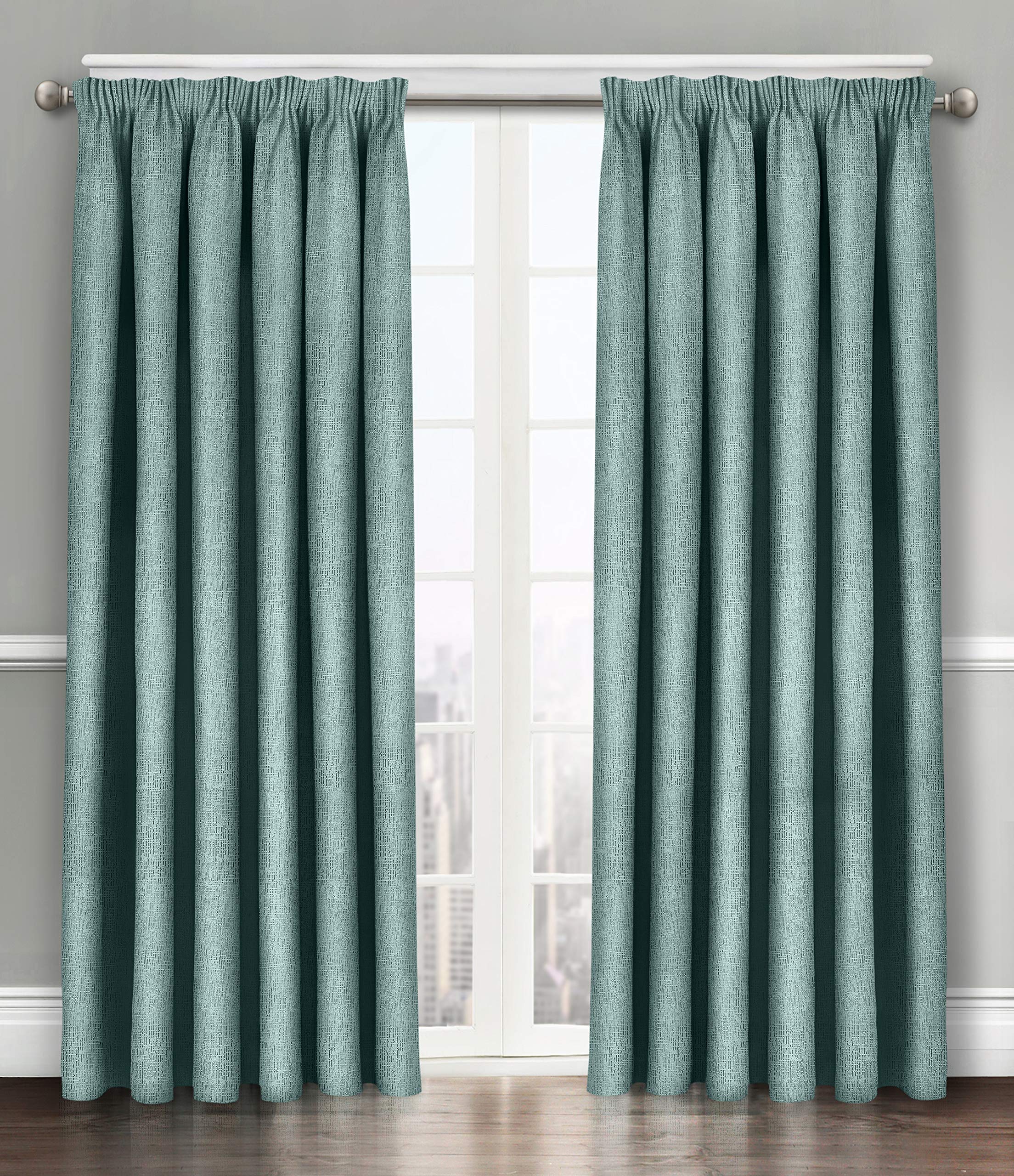 Velosso Duck Egg Soft Thermal Insulated Pencil Pleated Dim Out Curtain Pair - 90% Blackout Embossed Curtains (, 90X90)